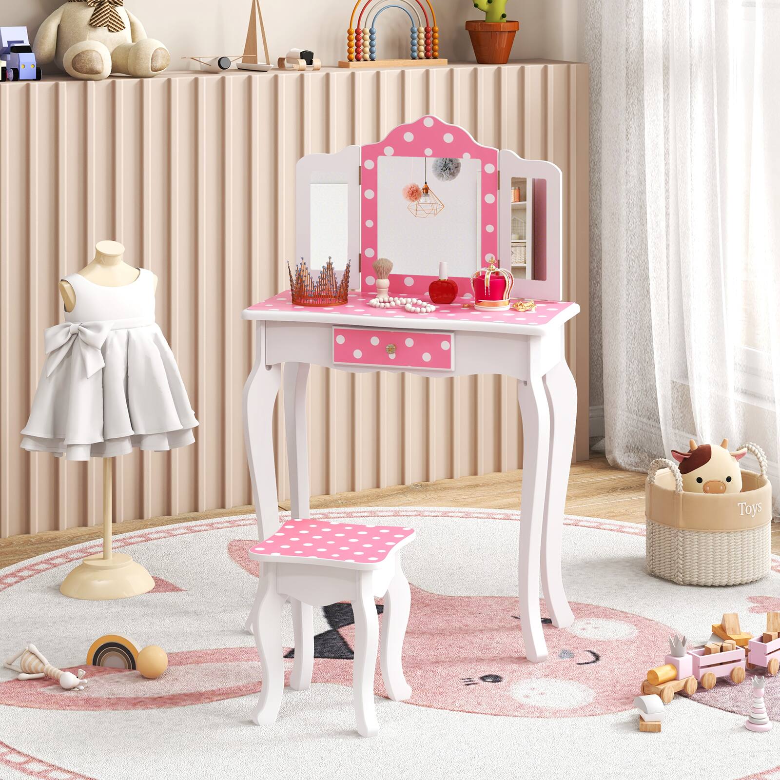 Angle. SlickBlue - Pretend Play Princess Makeup Table with Adorable Polka Dot Pattern - Pink.