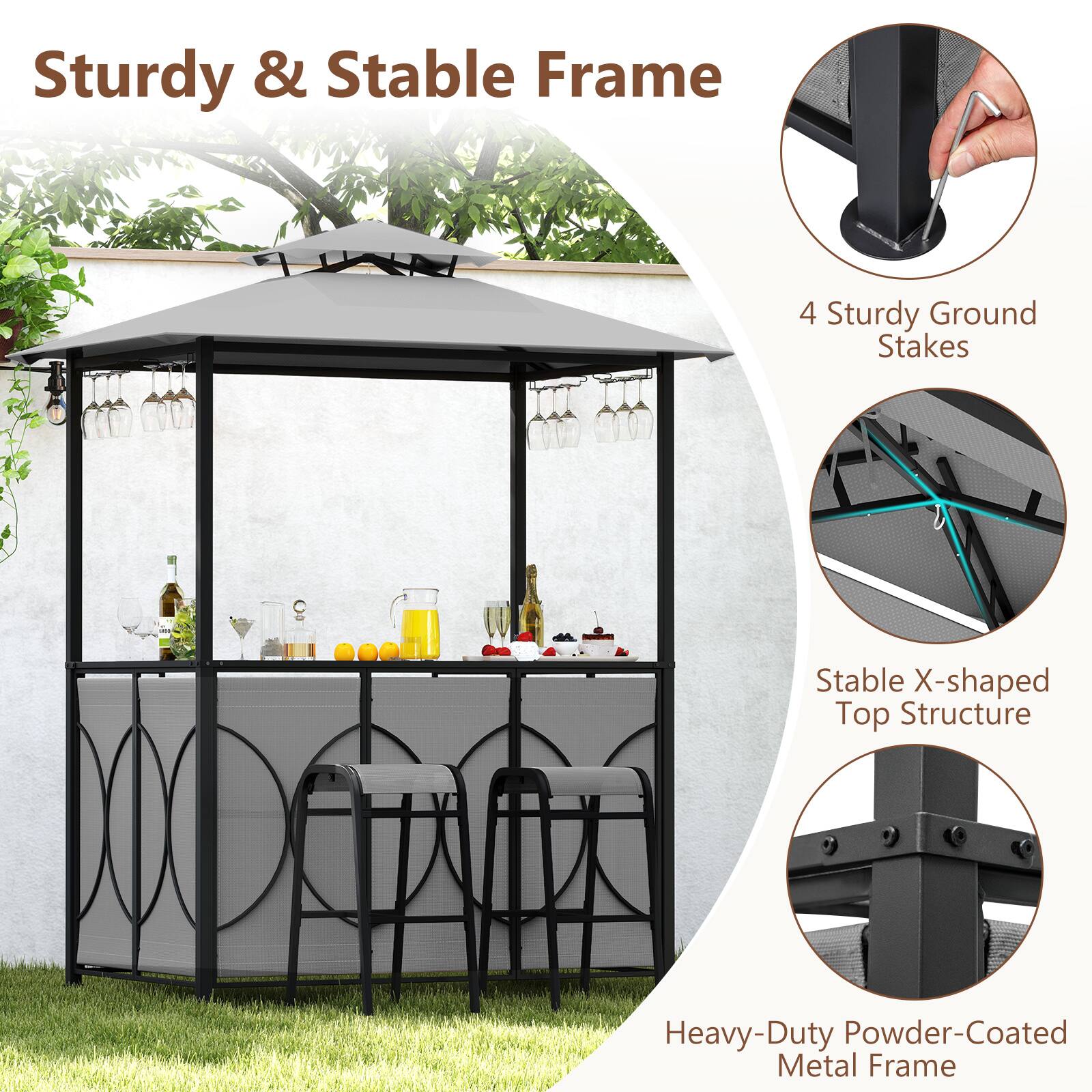 Sturdy & Stable Frame

- 4 Sturdy Ground Stakes
- Stable X-shaped Top Structure
- Heavy-Duty Powder-Coated Metal Frame