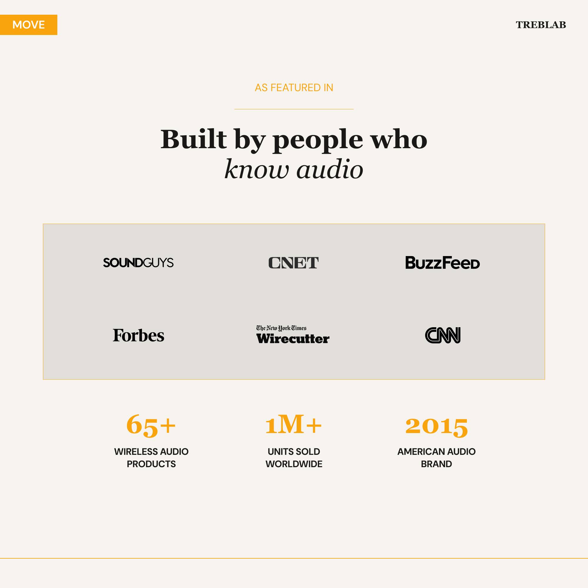 MOVE TREBLAB AS FEATURED IN Built by people who know audio SOUNDGUYS CNET BuzzFeed Forbes Wirecutter CNN 65+ WIRELESS AUDIO PRODUCTS 1M+ UNITS SOLD WORLDWIDE 2015 AMERICAN AUDIO BRAND