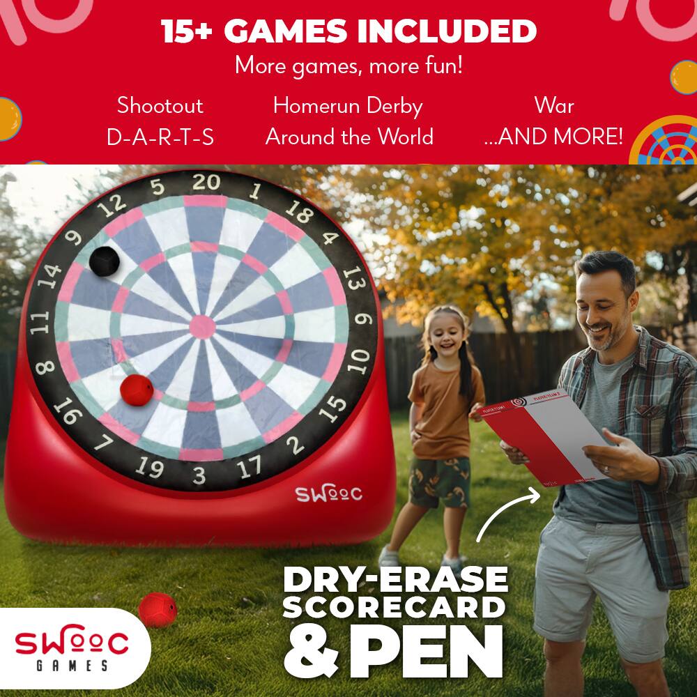 15+ GAMES INCLUDED  
More games, more fun!  
Shootout  
D-A-R-T-S  
Homerun Derby  
Around the World  
War  
...AND MORE!  

DRY-ERASE SCORECARD & PEN  

SWOOC GAMES