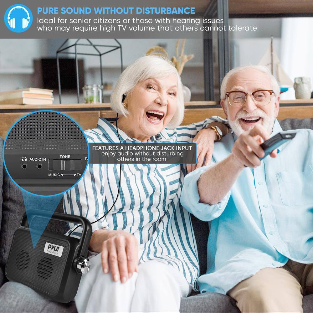 PURE SOUND WITHOUT DISTURBANCE  
Ideal for senior citizens or those with hearing issues who may require high TV volume that others cannot tolerate  

FEATURES A HEADPHONE JACK INPUT  
enjoy audio without disturbing others in the room  

AUDIO IN  
TONE  
MUSIC  
TV