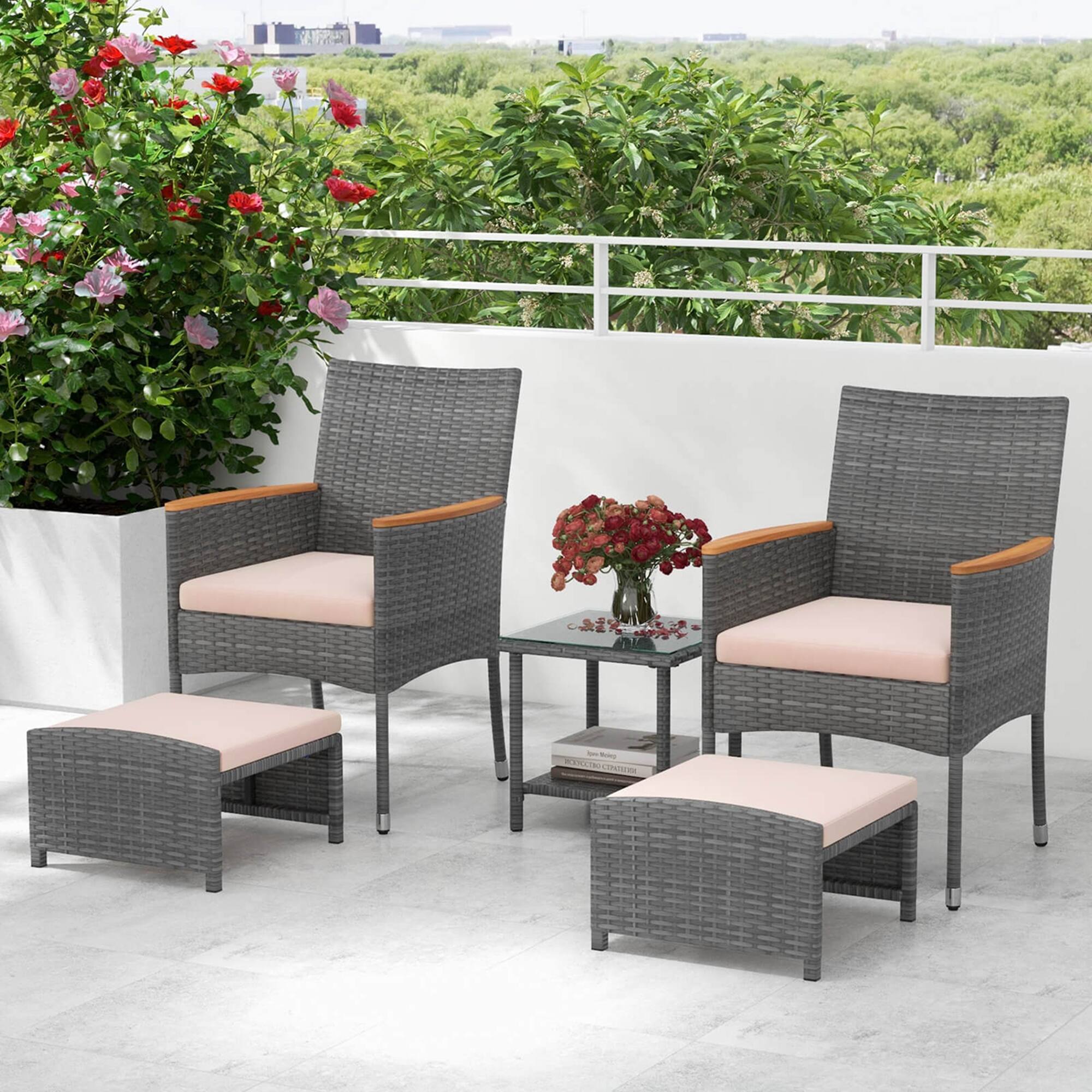 Alt View 1. Costway - 5 PCS Patio Conversation Set with Soft Cushions Ottomans & Tempered Glass Top Table - Mix Grey,Beige.