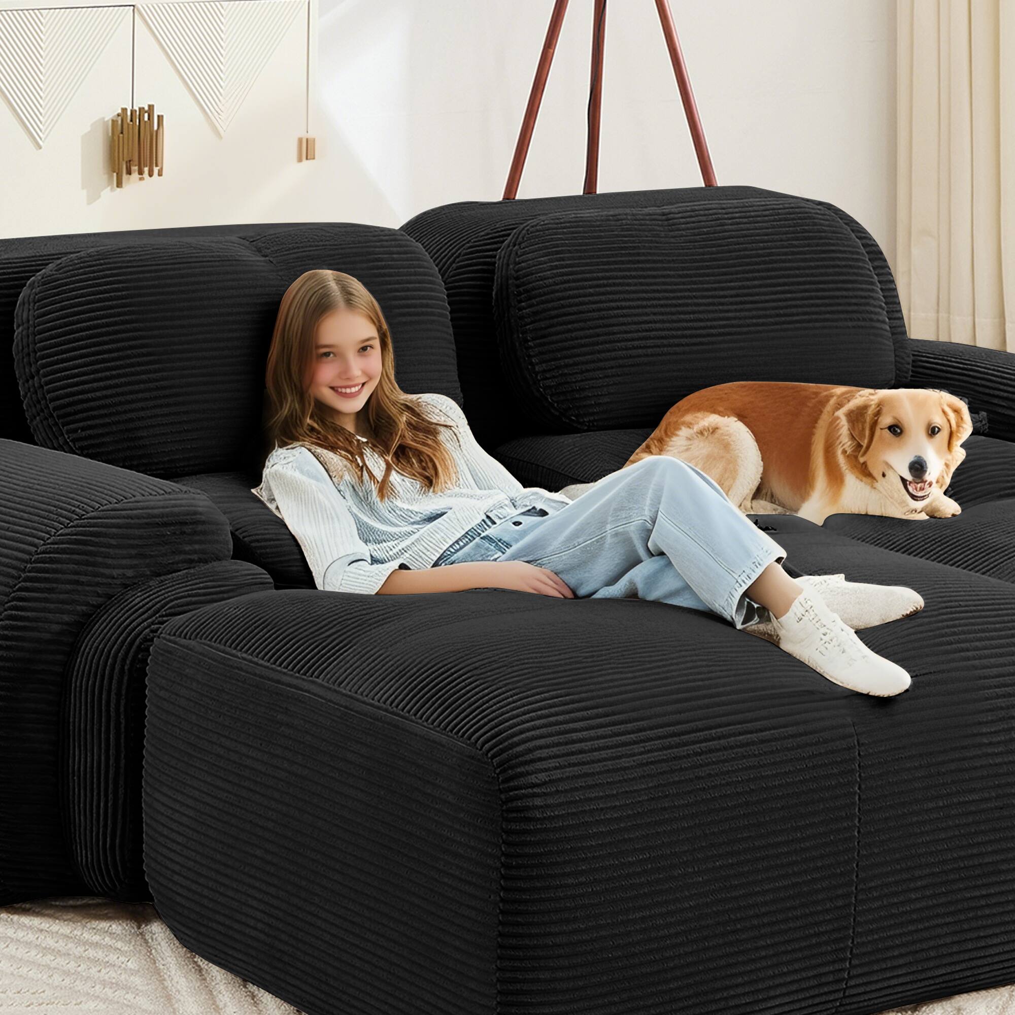 Alt View 9. Aukfa - 2 seats Modular Corduroy Sectional Sofa with Ergonomic Support - Pet Friendly, Easy Assembly, Non-Slip Base Design - Black.