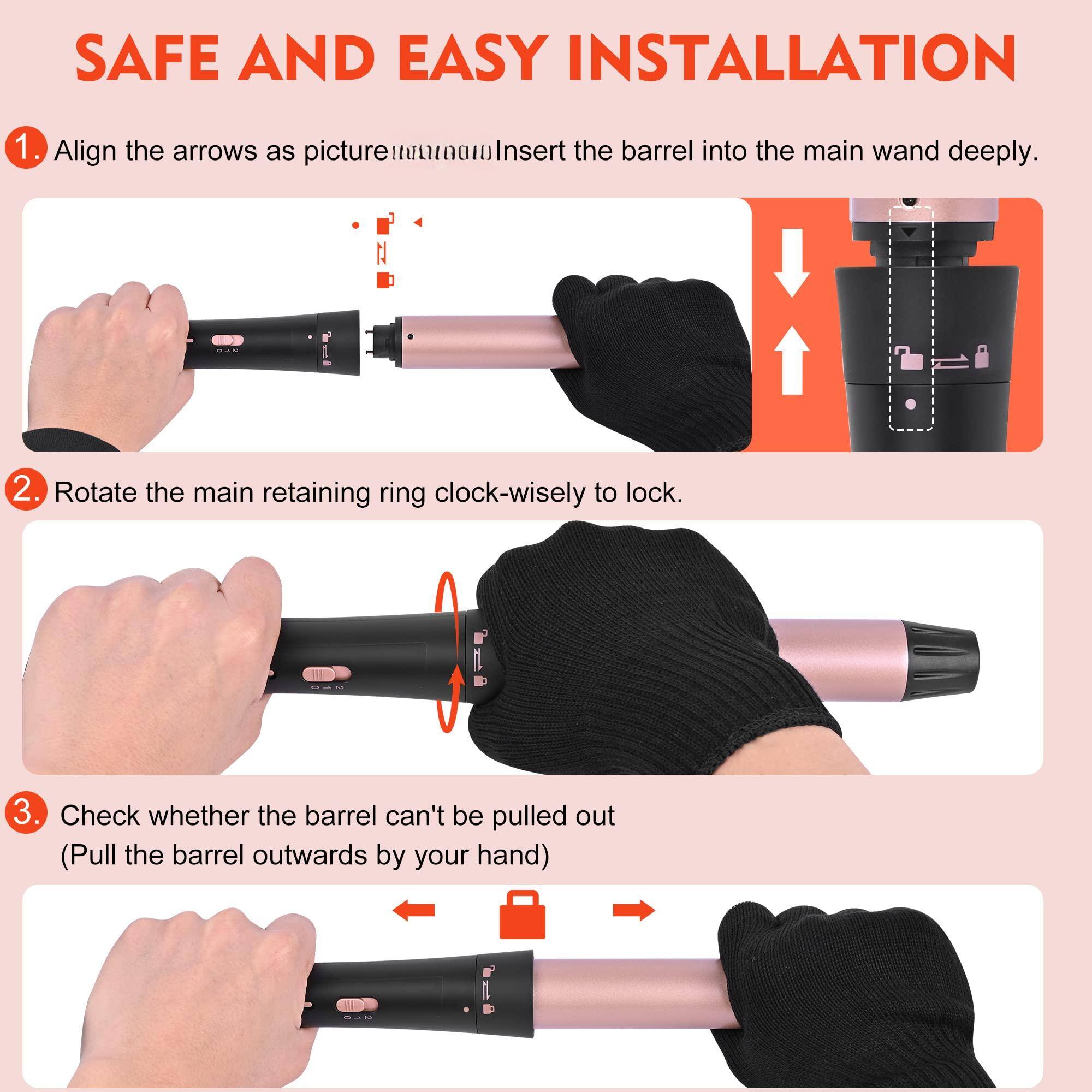 **SAFE AND EASY INSTALLATION**

1. Align the arrows as pictured. Insert the barrel into the main wand deeply.
2. Rotate the main retaining ring clock-wise to lock.
3. Check whether the barrel can't be pulled out (Pull the barrel outwards by your hand)