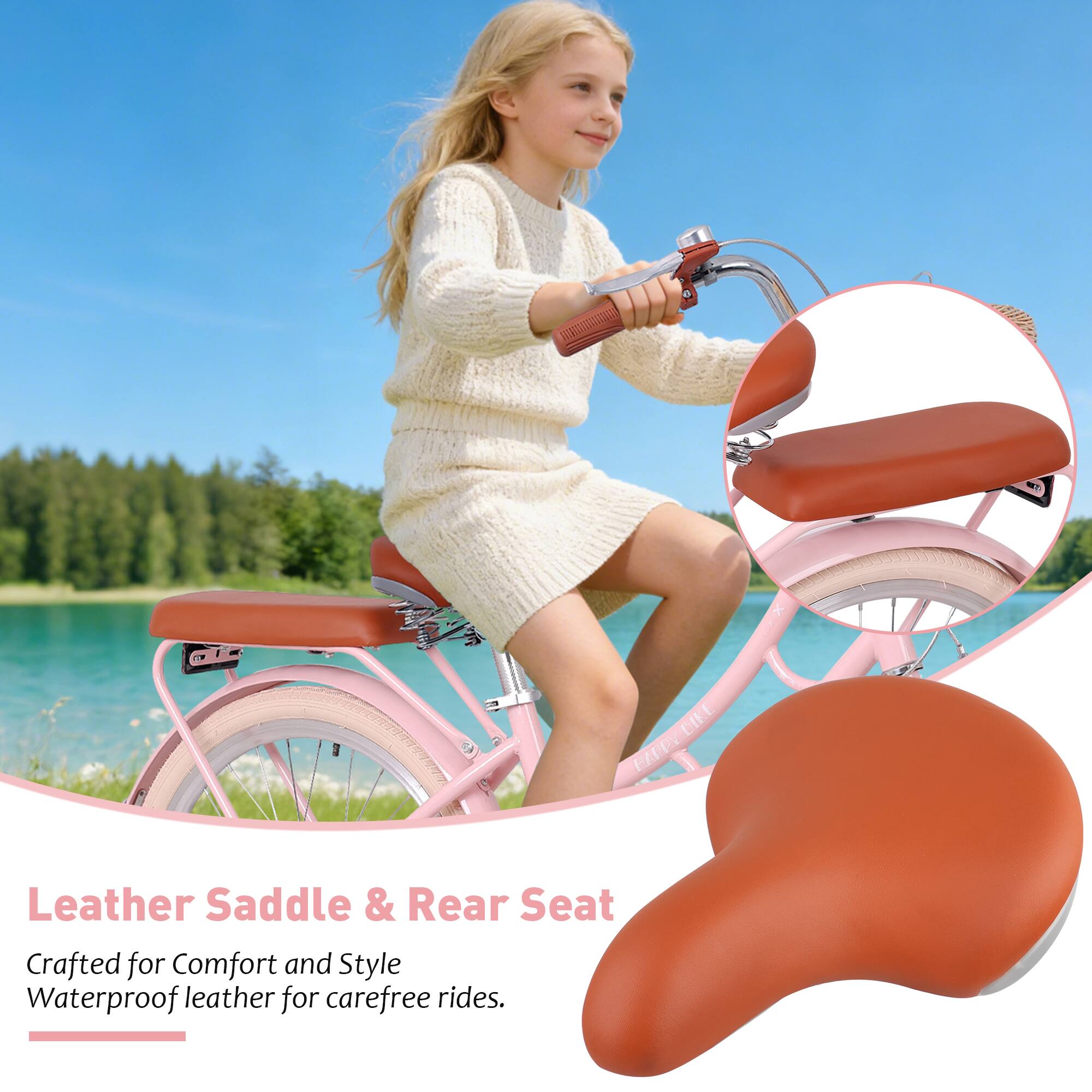 Leather Saddle & Rear Seat  
Crafted for Comfort and Style  
Waterproof leather for carefree rides.