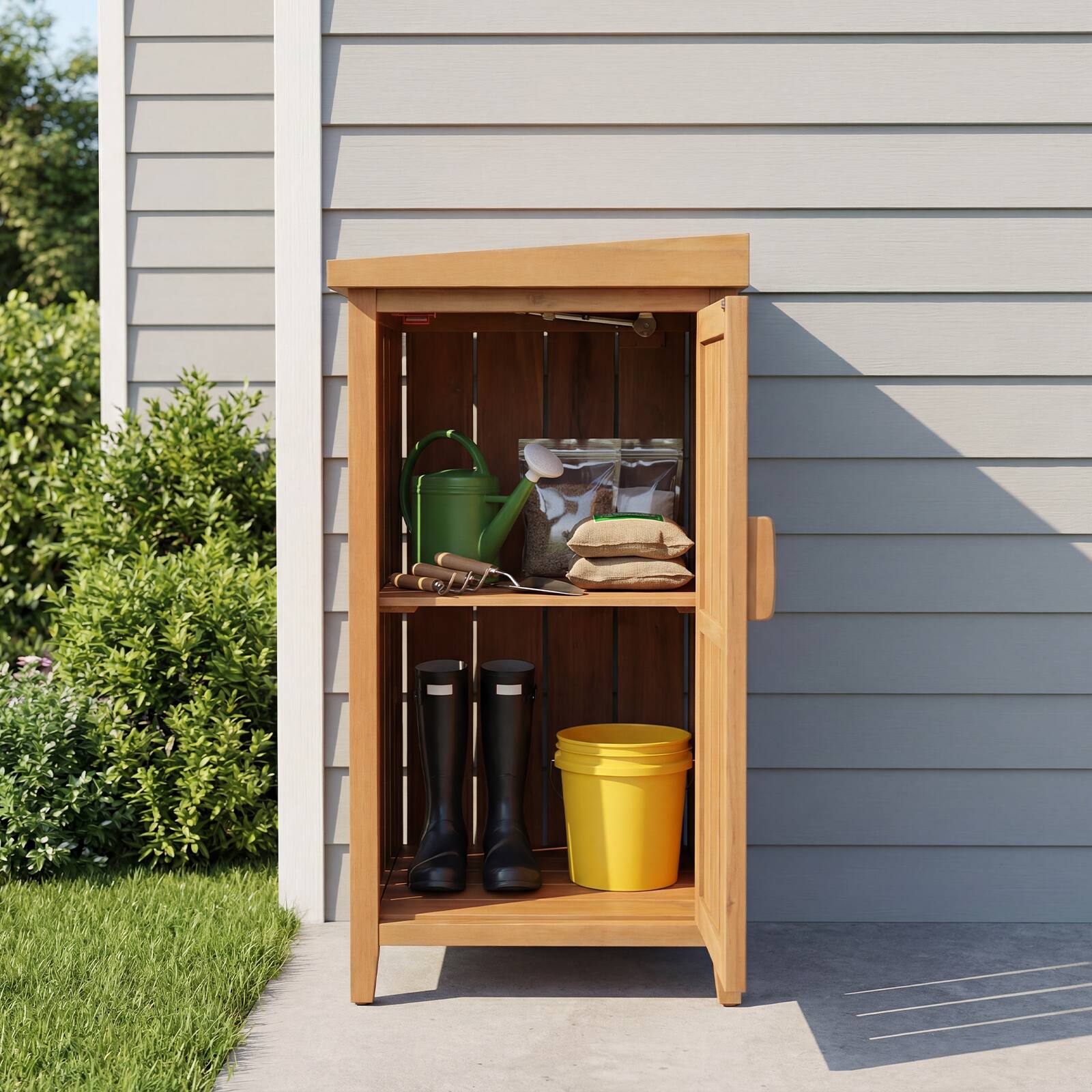 Alt View 3. Gymax - Gymax Wood Package Delivery Box w/Openable Lid Removable Shelf Side Door Gas Rod - Yellow.