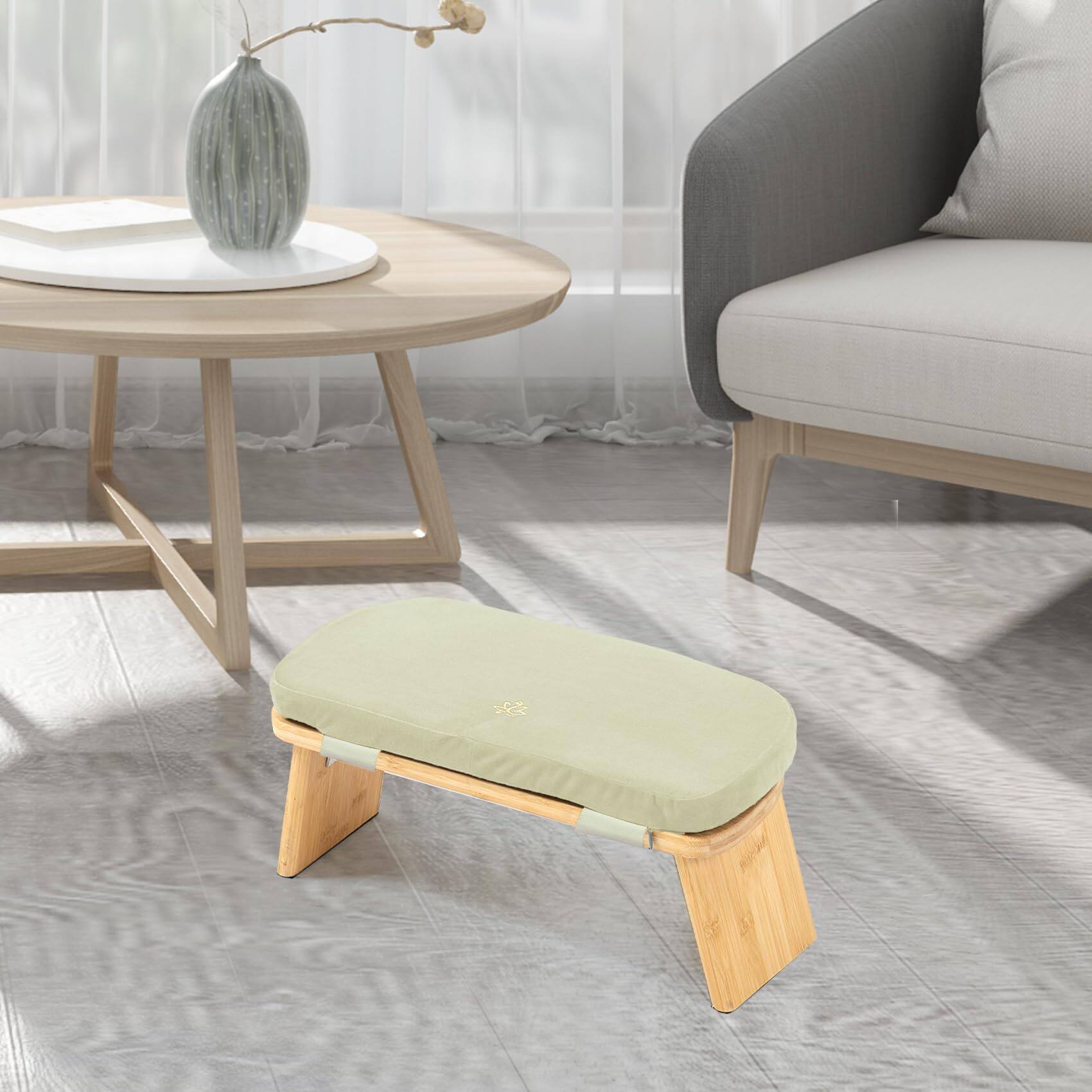 Left. JETRANSPORT - Meditation Bench Stool Folding Kneeling Seiza Prayer With Cushion (beige) - Grey Bag.