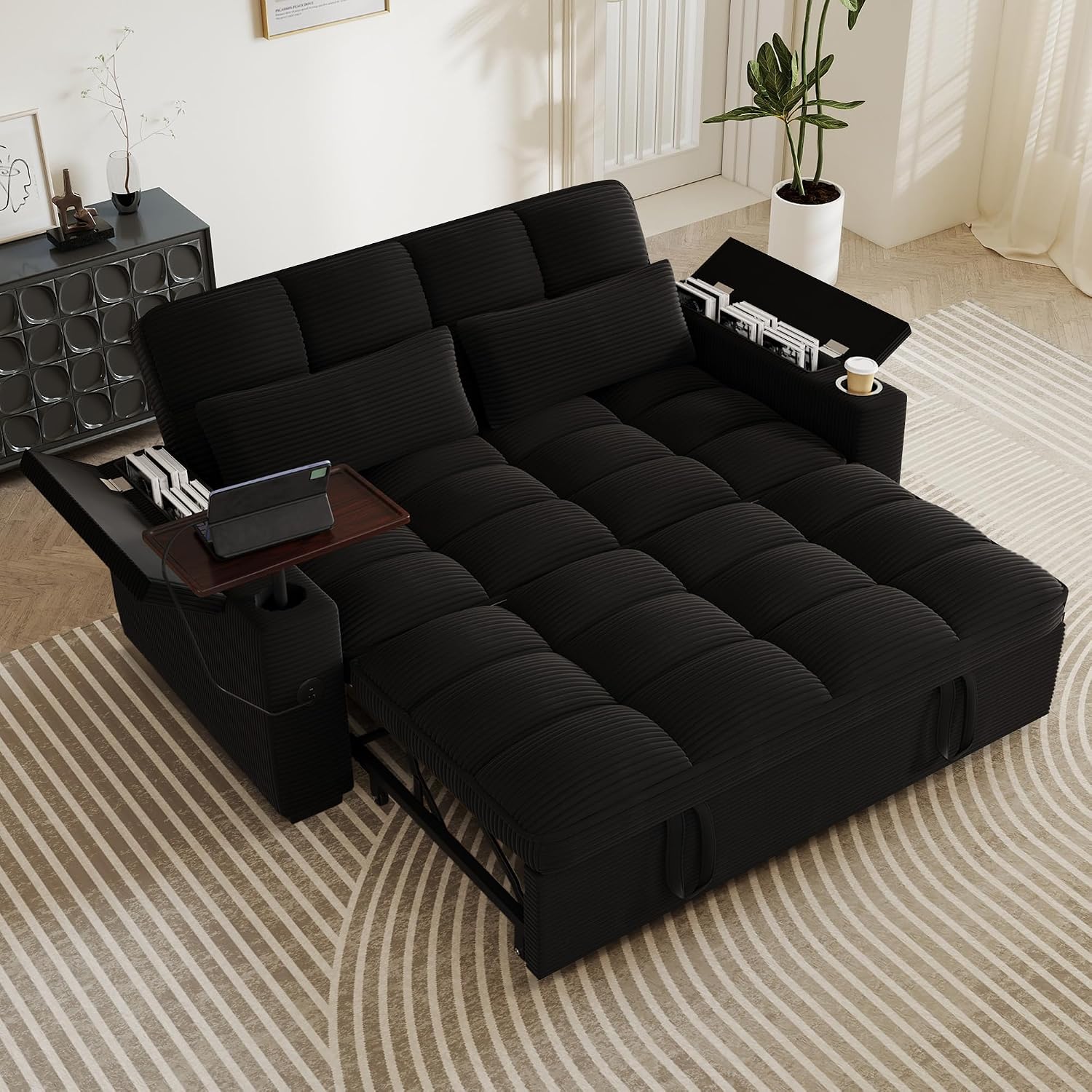 Anysun - 65" Corduroy Convertible Sleeper Sofa with Cup Holder & Storage Armrests, Swivel Table, Adjustable Backrest - Black