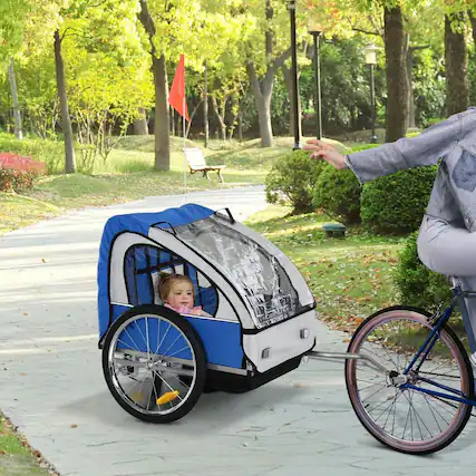 Front. Resenkos - 2-Seat Kid Bike Trailer, Sturdy Steel Frame, 5-Point Safety Harnesses and Cozy Seat, Blue.