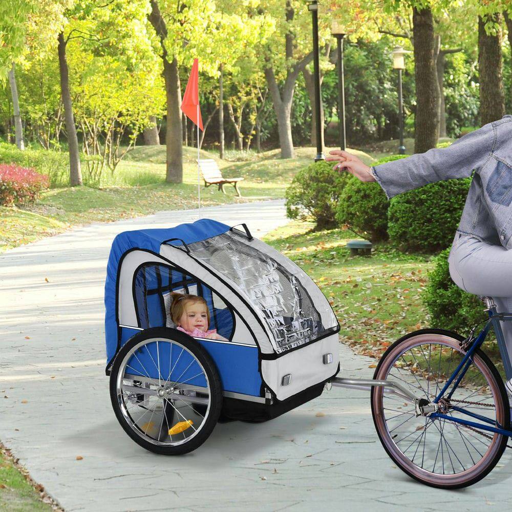 Front. Resenkos - 2-Seat Kid Bike Trailer, Sturdy Steel Frame, 5-Point Safety Harnesses and Cozy Seat, Blue.