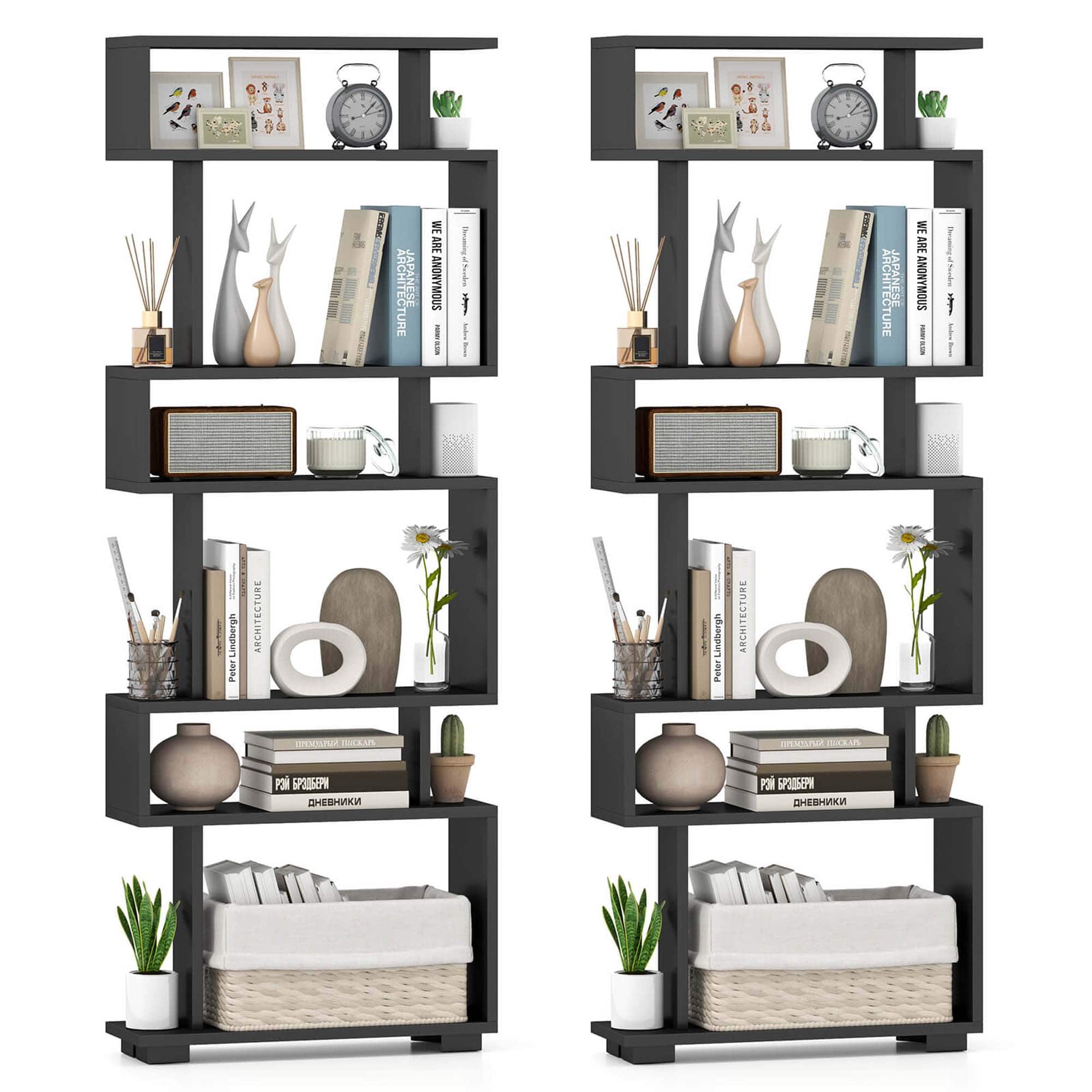 Costway - 2 PCS Bookcase 6-Tier Bookshelf with Anti-Tipping Kit Freestanding Display Shelf - Black
