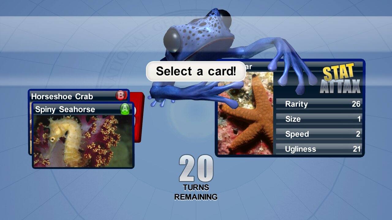 Select a card!

Horseshoe Crab
Spiny Seahorse

STAT ATTACK
Rarity 26
Size 1
Speed 2
Ugliness 21

20 TURNS REMAINING