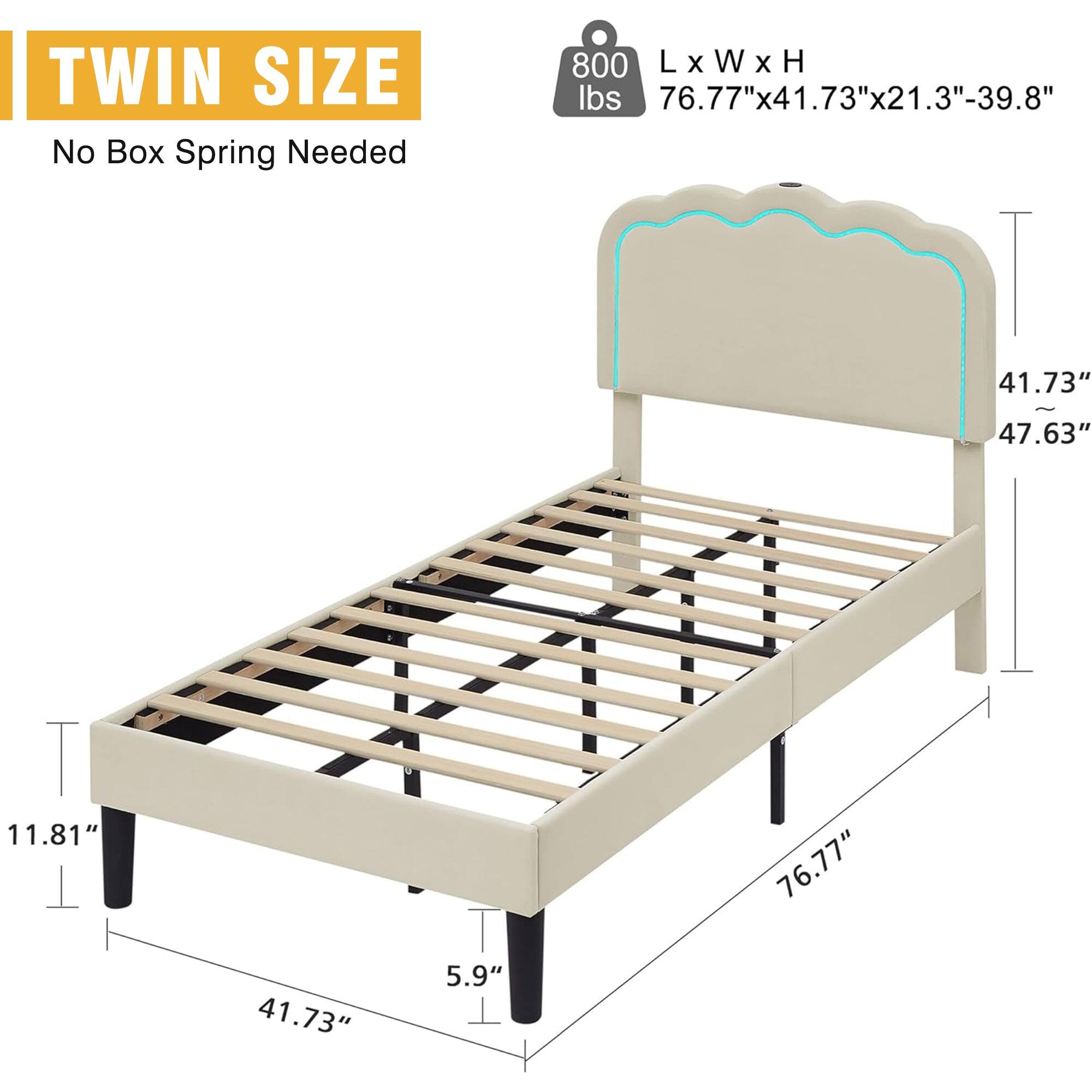 TWIN SIZE  
No Box Spring Needed  

800 lbs  
L x W x H  
76.77" x 41.73" x 21.3" - 39.8"  

- 41.73"  
- 47.63"  
- 11.81"  
- 5.9"  
- 76.77"
