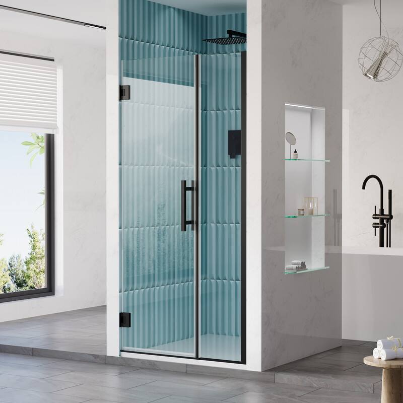 Angle. WELLFOR - 34–35 in. W x 72 in. H Frameless Hinged Shower Door with 3/8" Clear Tempered Glass, Reversible Opening - Matte Black.
