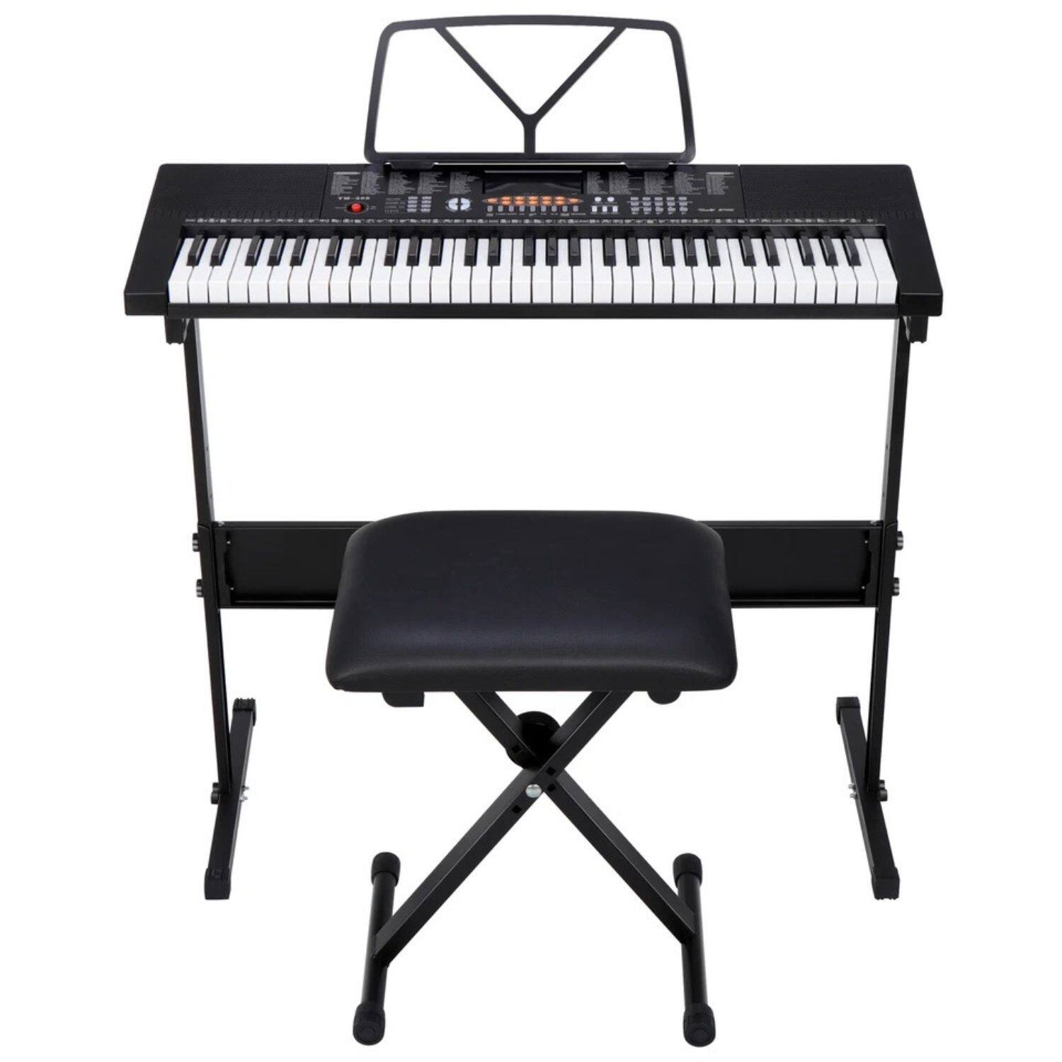 Left. Stock Preferred - 61-Key Electronic Keyboard Piano with Microphone, Stand, Stool, Headphones - Black.