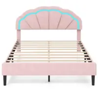 Costway Queen Size Upholstered LED Bed Frame Soft Velvet Platform Bed with Flower Headboard - Pink - Front_Zoom