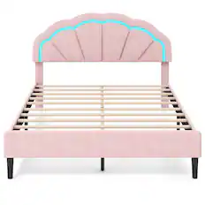 Front. Costway - Queen Size Upholstered LED Bed Frame Soft Velvet Platform Bed with Flower Headboard - Pink.