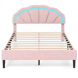 Costway - Queen Size Upholstered LED Bed Frame Soft Velvet Platform Bed with Flower Headboard - Pink