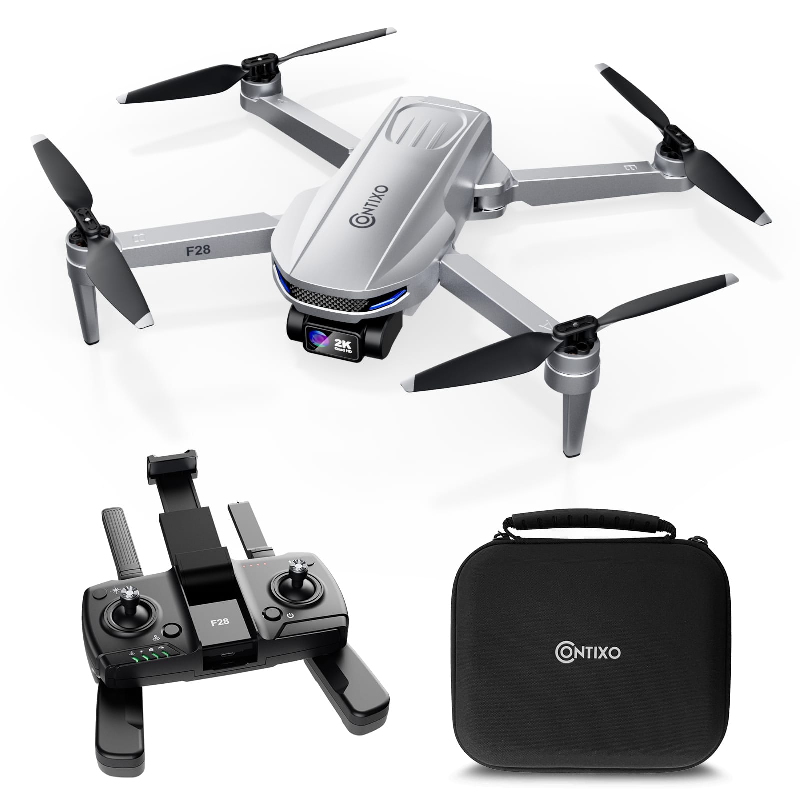 Contixo - F28 Stratus 2K GPS Drone with Intelligent Flight Modes, 26-Min Flight, Brushless Motors & Carrying Case - Silver - Front_Zoom