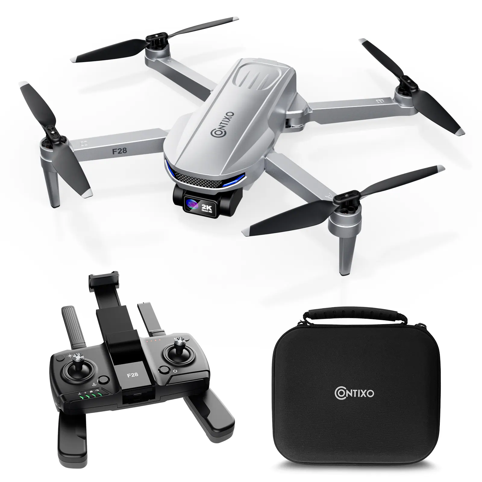 Contixo - F28 Stratus 2K GPS Drone with Intelligent Flight Modes, 26-Min Flight, Brushless Motors & Carrying Case - Silver