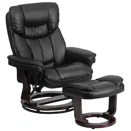 Alamont Home - Contemporary Multi-Position Recliner and Curved Ottoman with Swivel Mahogany Wood Base - Black