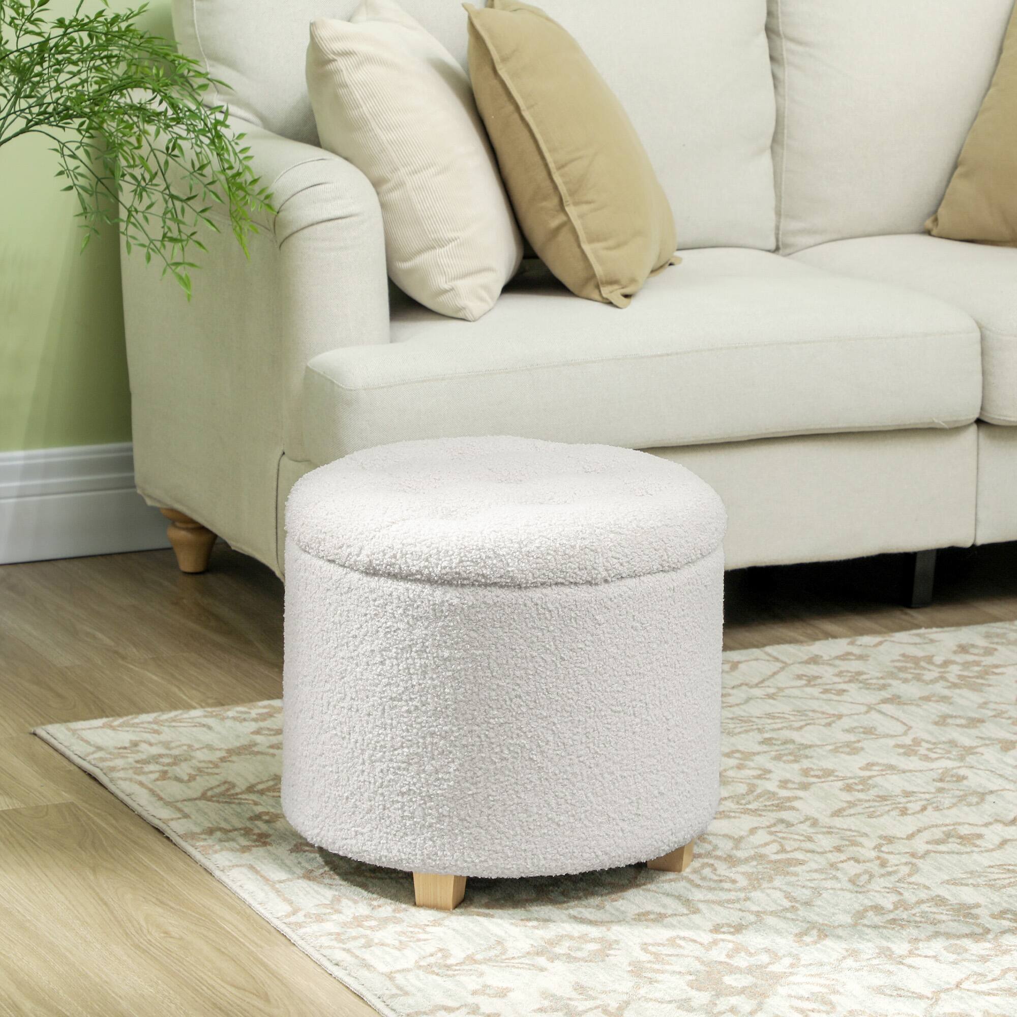 Angle. Homcom - 18" Round Teddy Fleece Ottoman, Removable Lid - White.