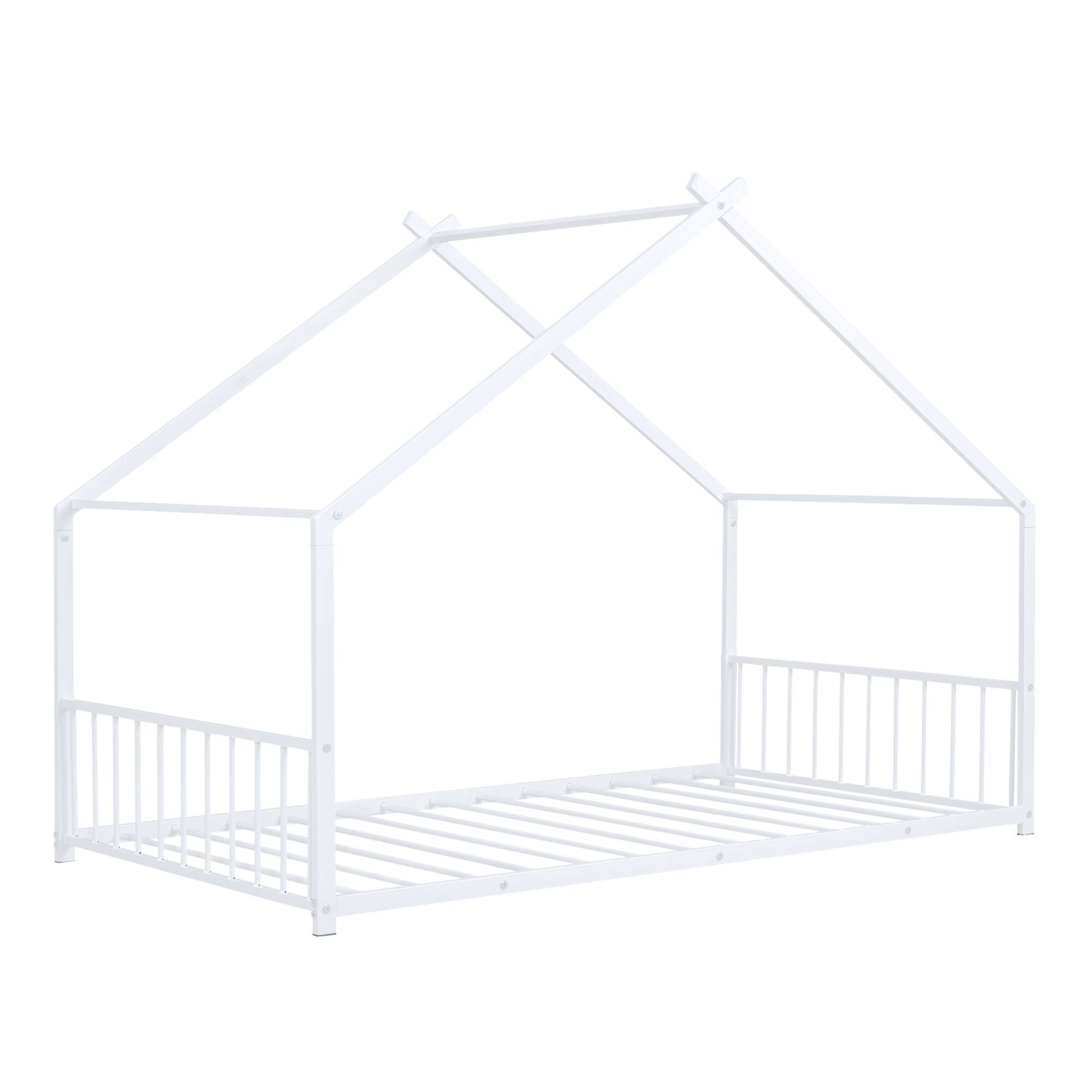 Back. GOODSILO - Twin Size Metal House Frame Bed with Playful Roof Design for Children's Bedroom and Play Area - White.
