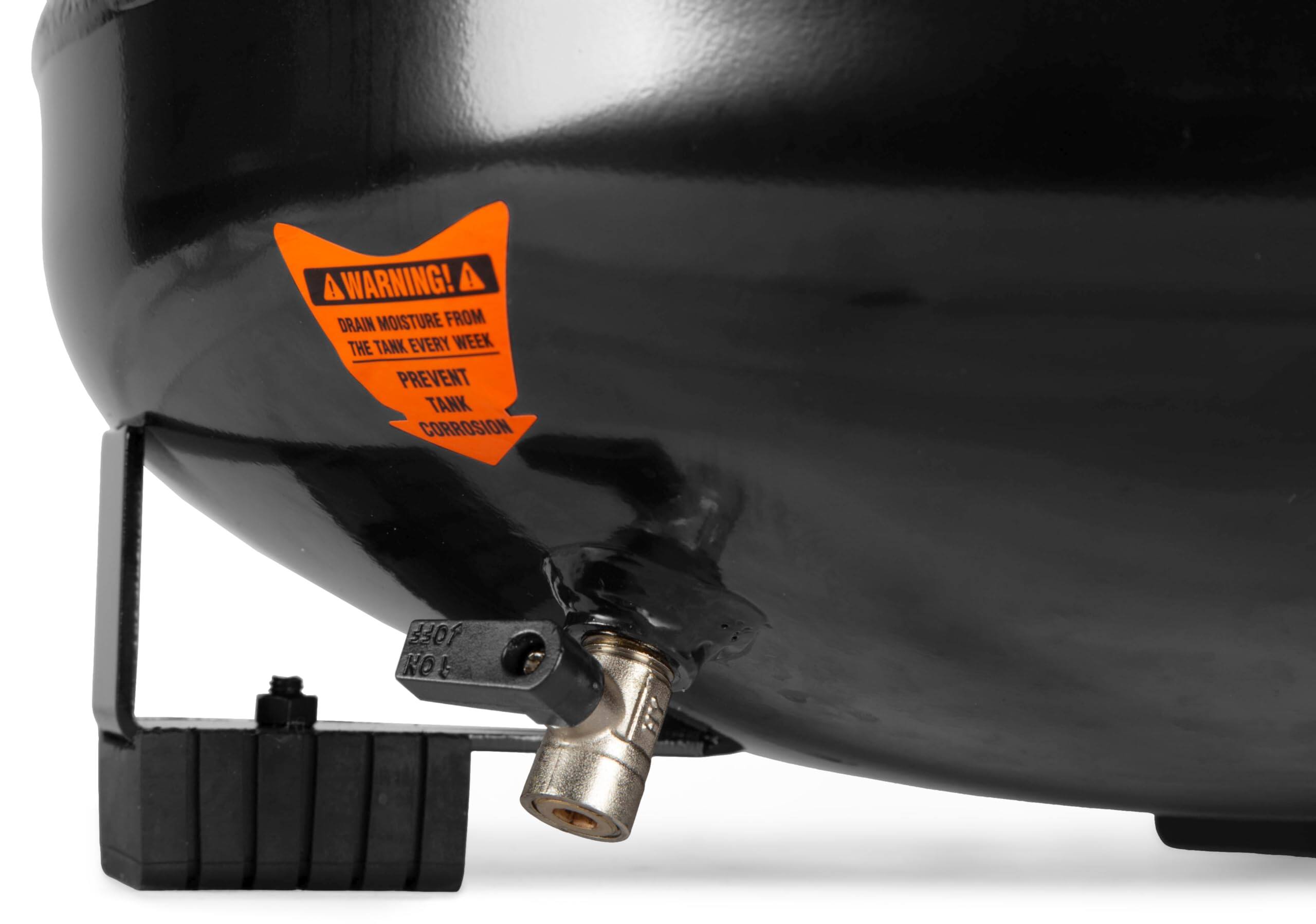 A WARNING!  
DRAIN MOISTURE FROM THE TANK EVERY WEEK  
PREVENT TANK CORROSION