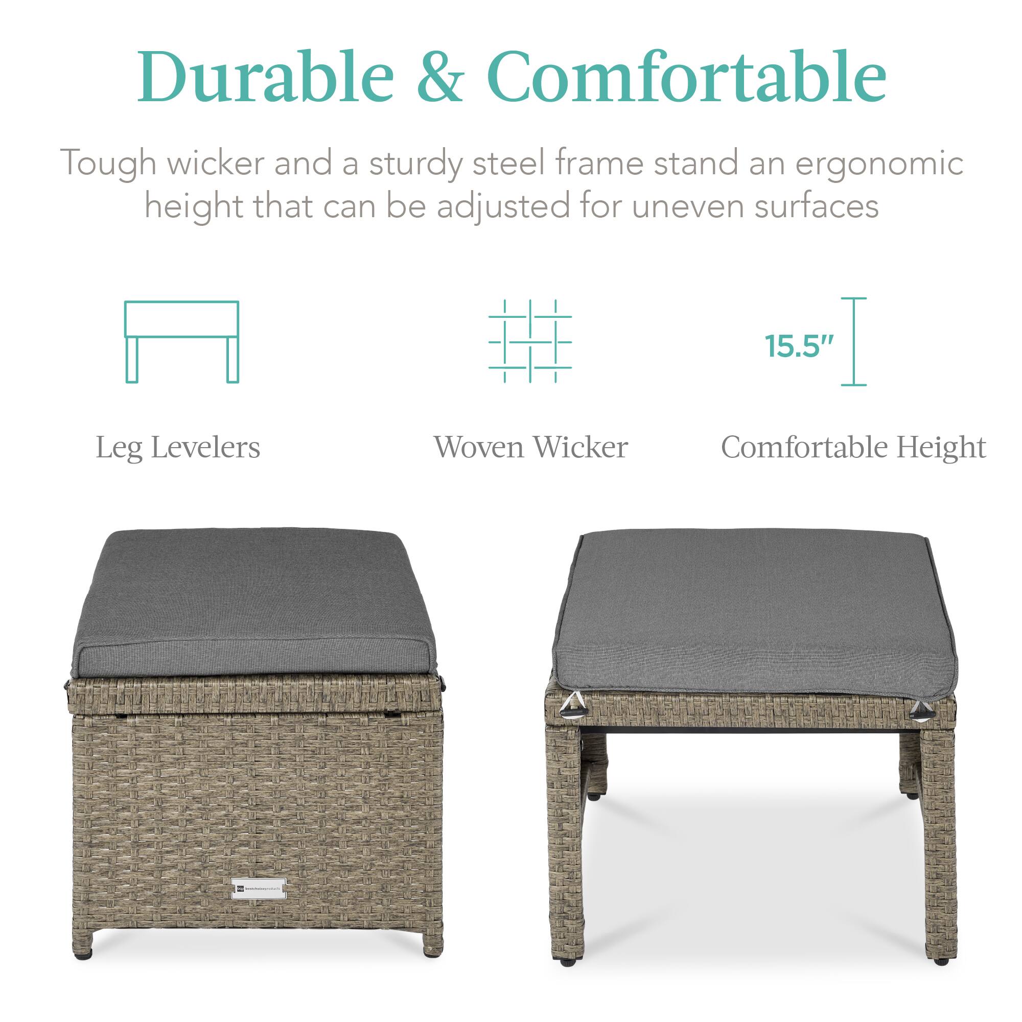 Durable & Comfortable

Tough wicker and a sturdy steel frame stand an ergonomic height that can be adjusted for uneven surfaces

Leg Levelers

Woven Wicker

Comfortable Height

15.5"
