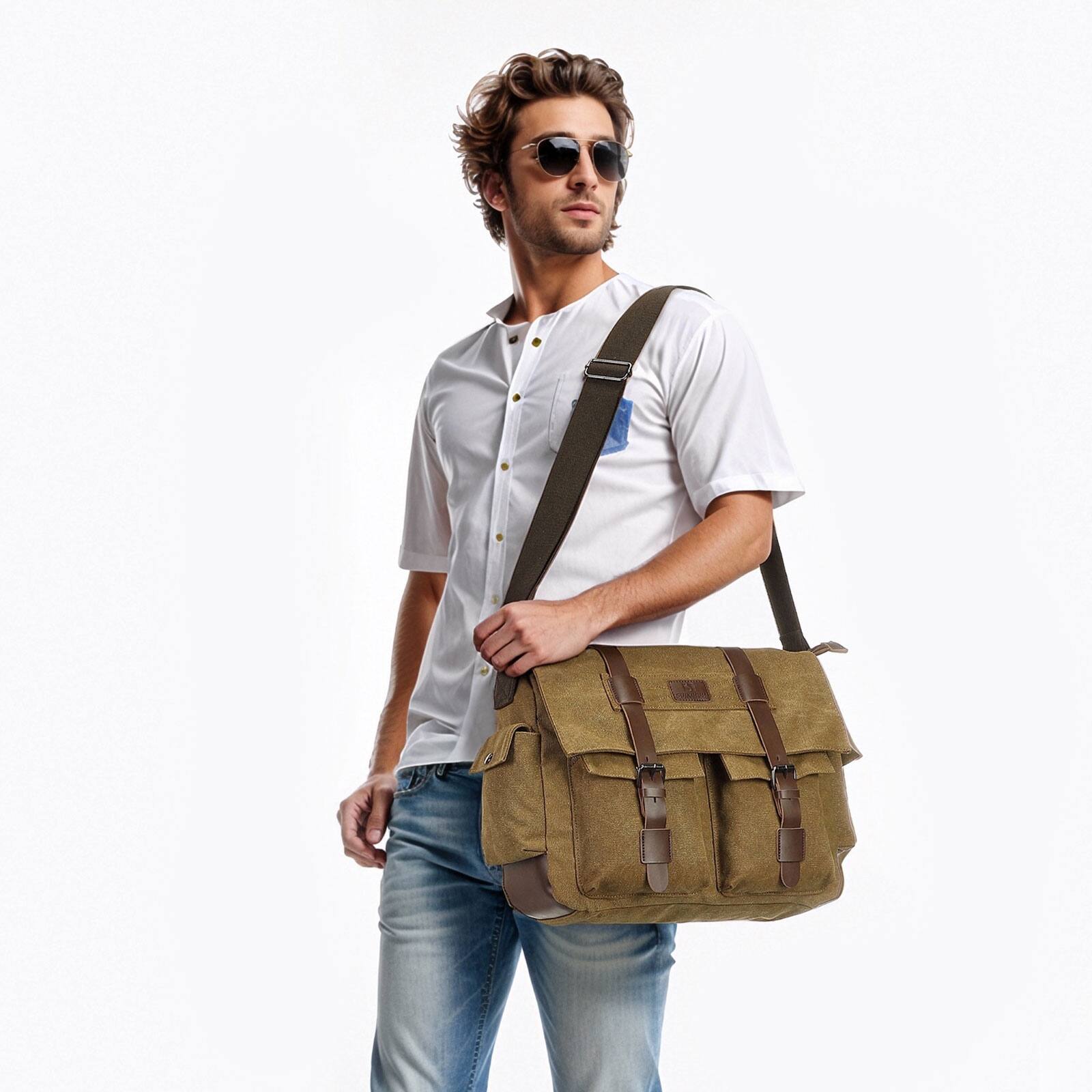 Alt View 6. Unique Bargains - Canvas Crossbody Bag for Men and Women, Vintage Shoulder Bag, Multiple Pockets, Fits 13" Laptops - Coffee.
