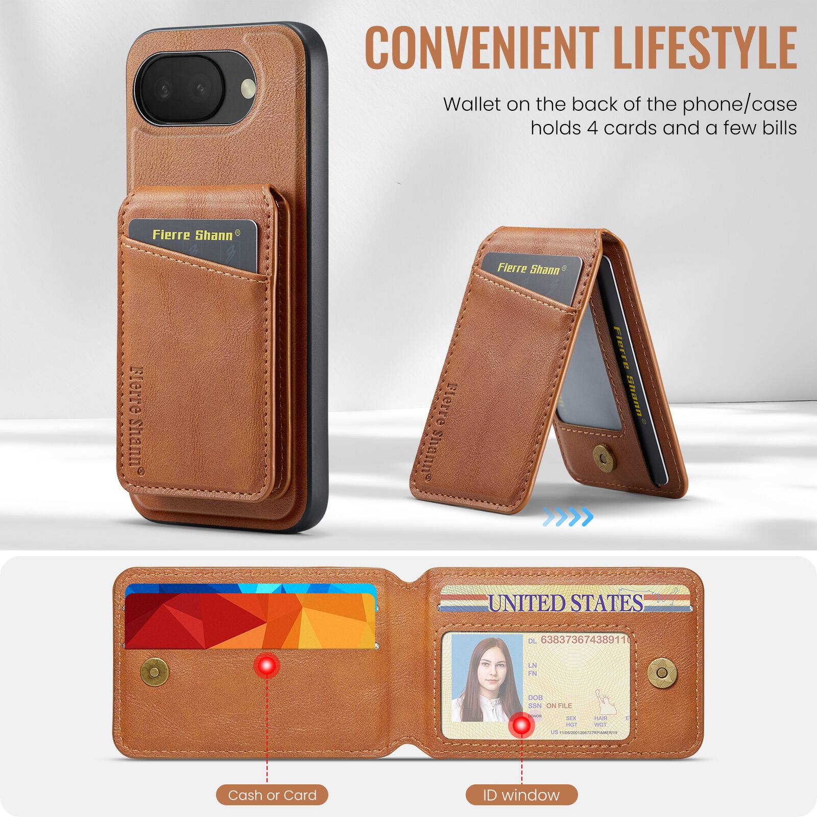 CONVENIENT LIFESTYLE  
Wallet on the back of the phone/case holds 4 cards and a few bills  

Fierre Shann  
Fierre Shann  
Fierre Shann  
Fierre Shanns  

UNITED STATES  
DL 63837367438911  
IN  
EN  
00E  
SSN  
FILE - SEE OTHER SIDE  

Cash or Card  
ID window
