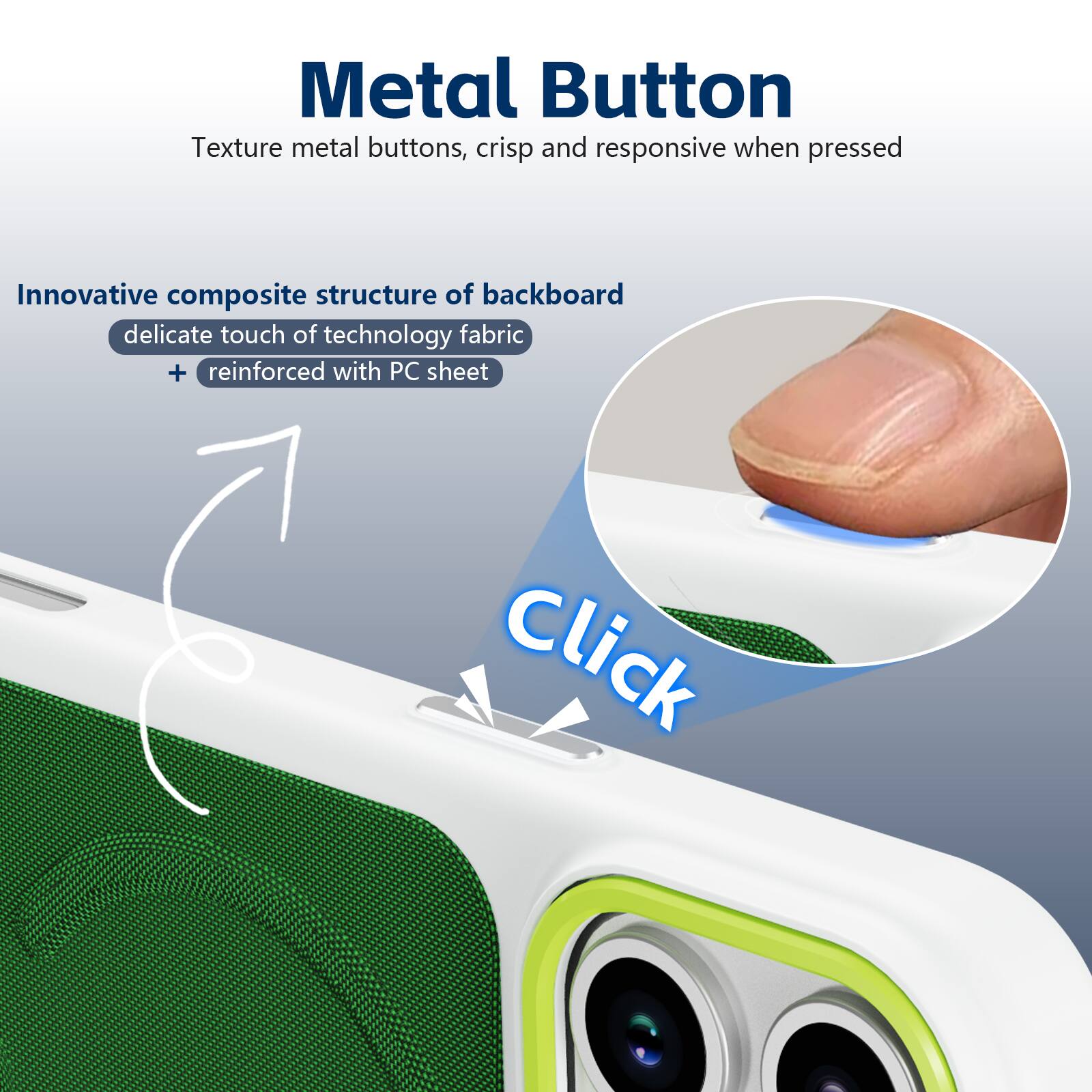 Metal Button  
Texture metal buttons, crisp and responsive when pressed  

Innovative composite structure of backboard  
delicate touch of technology fabric + reinforced with PC sheet  

Click