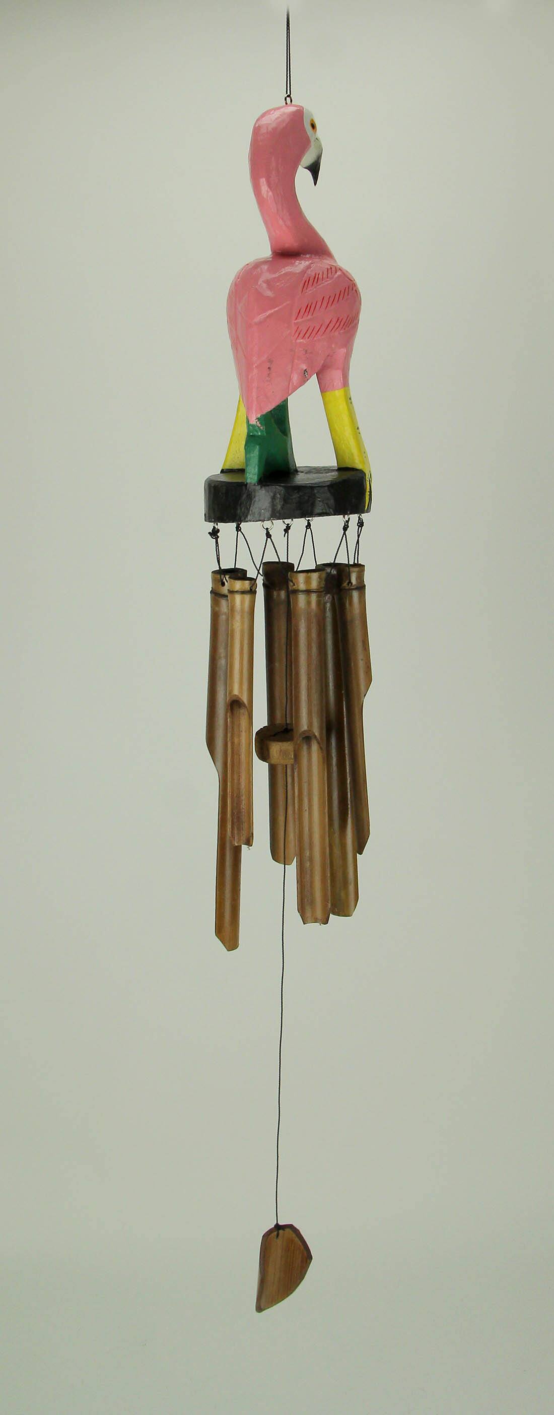 Alt View 2. Chesapeake Bay - Hand Carved Wood and Bamboo Tropical Pink Flamingo Wind Chime - Pink.