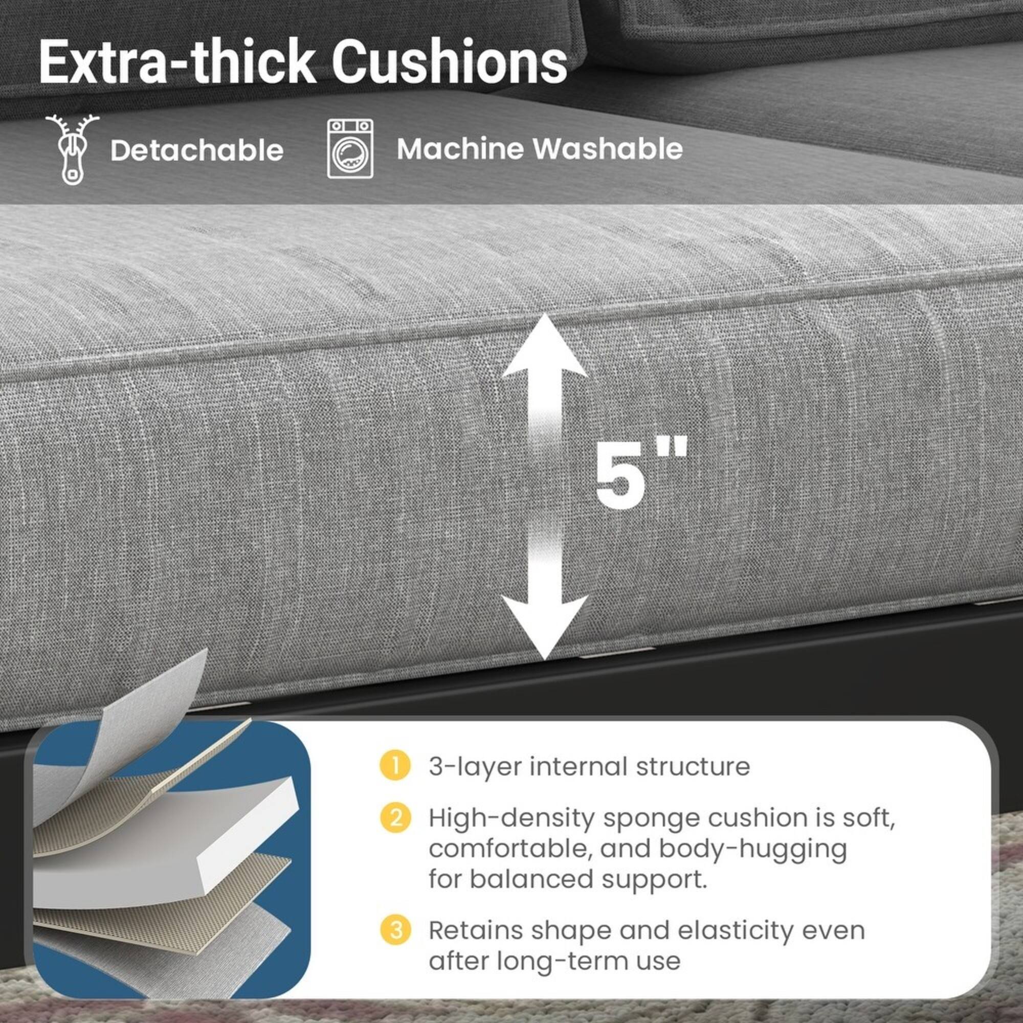 Extra-thick Cushions  
- Detachable  
- Machine Washable  

5"  

1. 3-layer internal structure  
2. High-density sponge cushion is soft, comfortable, and body-hugging for balanced support.  
3. Retains shape and elasticity even after long-term use