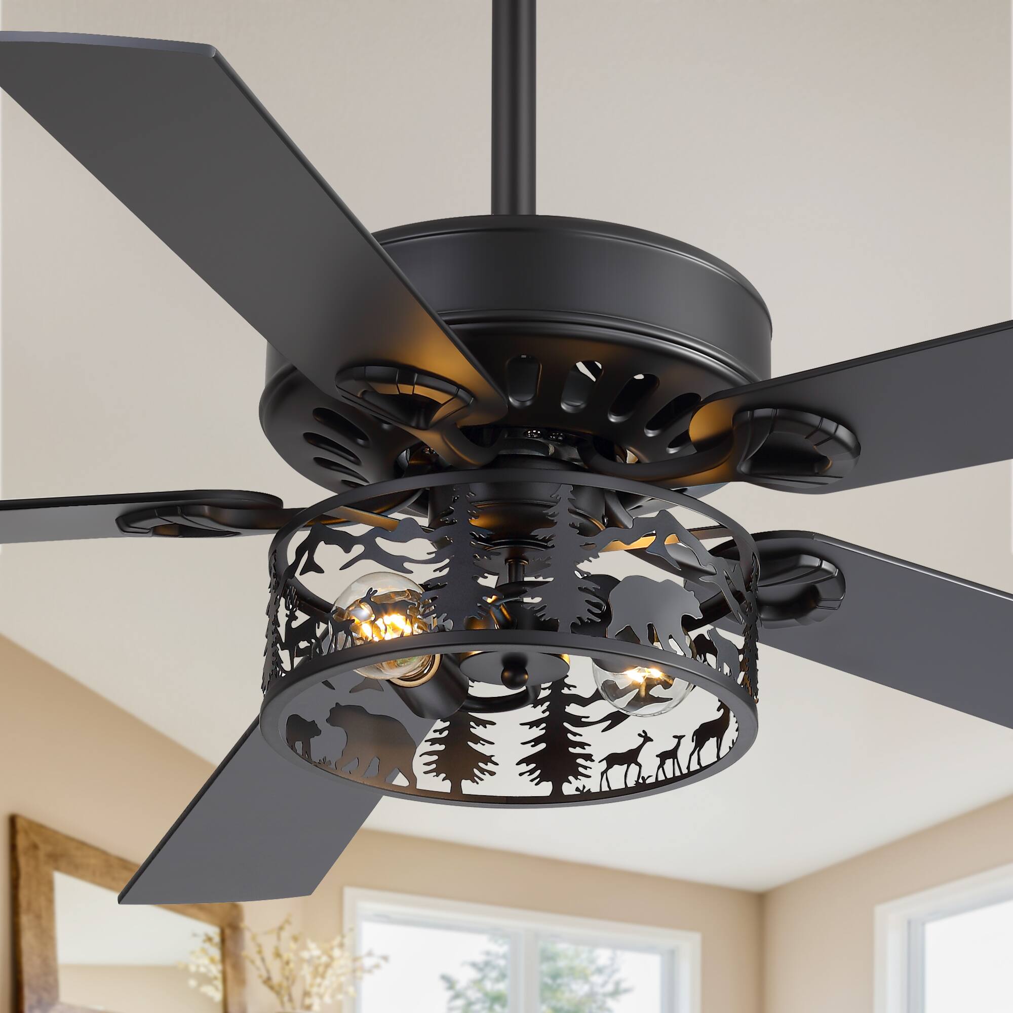 Angle. Breezary - 52-Inch Ceiling Fan with Light, 5 Reversible Plywood Blades, Remote Control, DC Motor, Includes 5" & 10" Downrods - matte black.