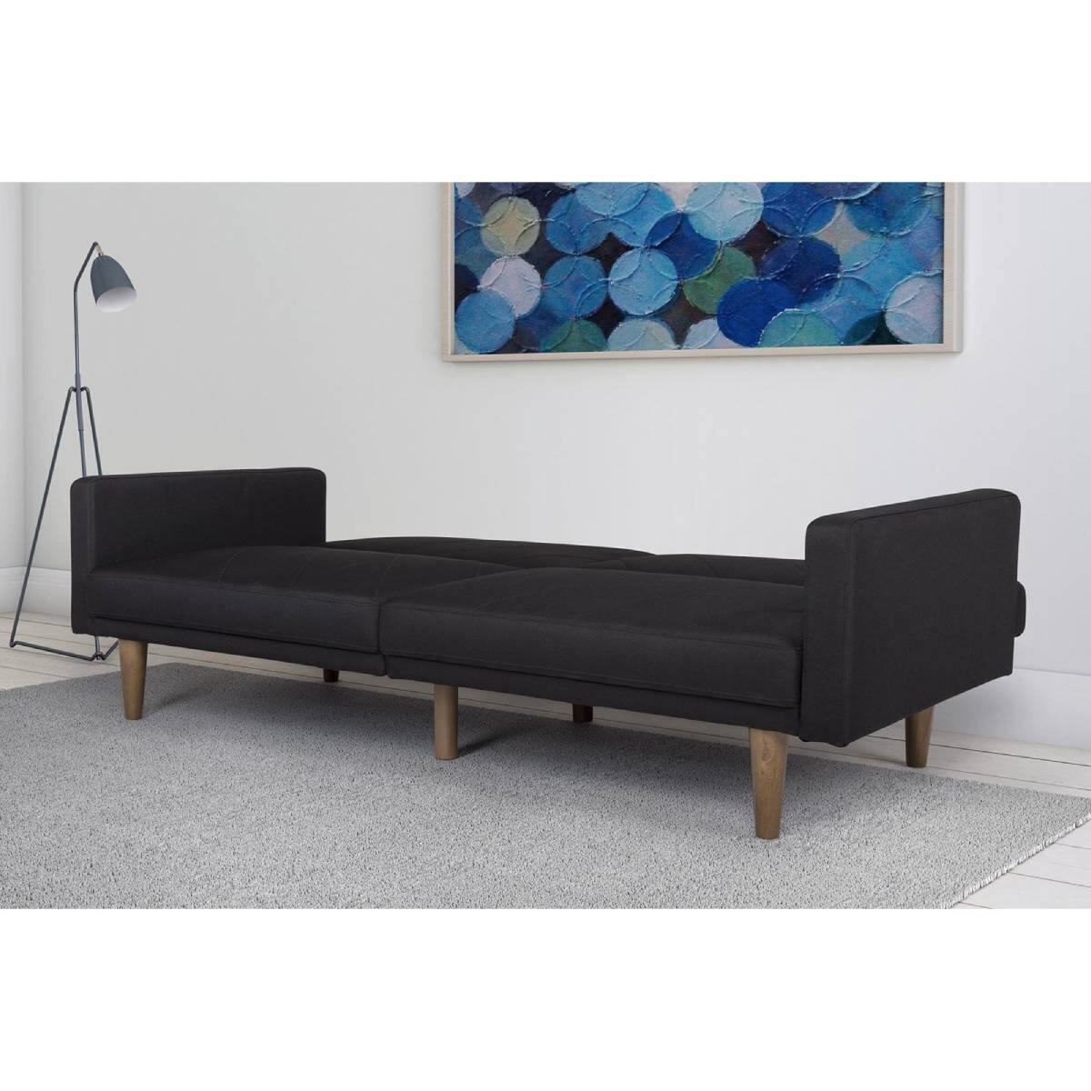 Back. Hivvago - Black Mid-Century Modern Linen Upholstered Sofa Bed with Classic Wood Legs - Black.