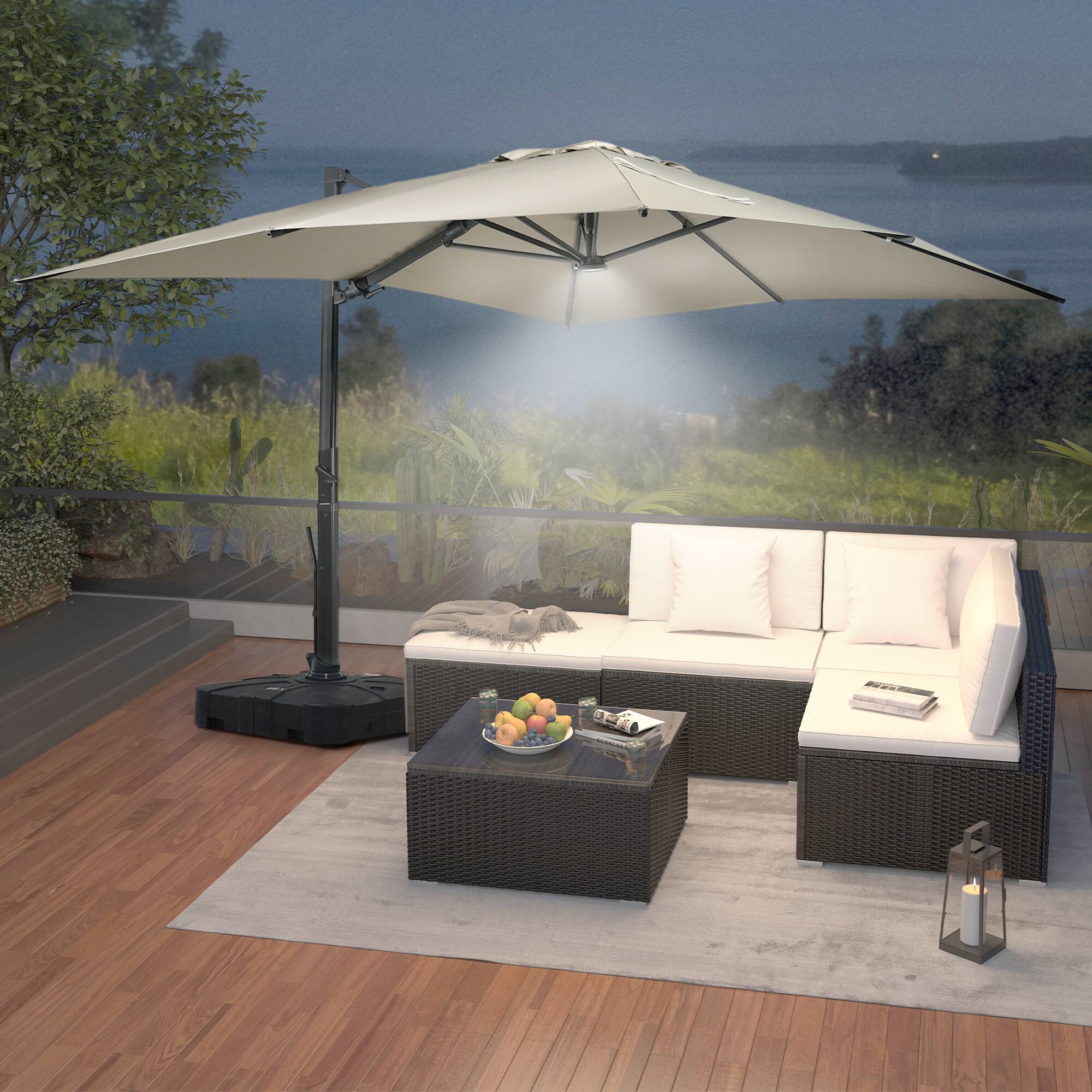 Left. Mondawe - 10x13ft Patio Cantilever Umbrella Square Large Offset Sun Umbrella with LED Light Panel - Tan.