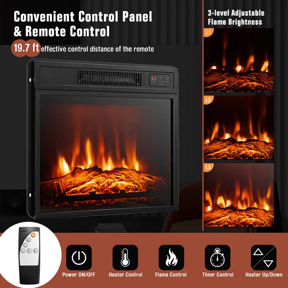 Convenient Control Panel & Remote Control  
19.7 ft effective control distance of the remote  

3-level Adjustable Flame Brightness  
L1  
L2  
L3  

Power ON/OFF  
Heater Control  
Flame Control  
Timer Control  
Heater Up/Down