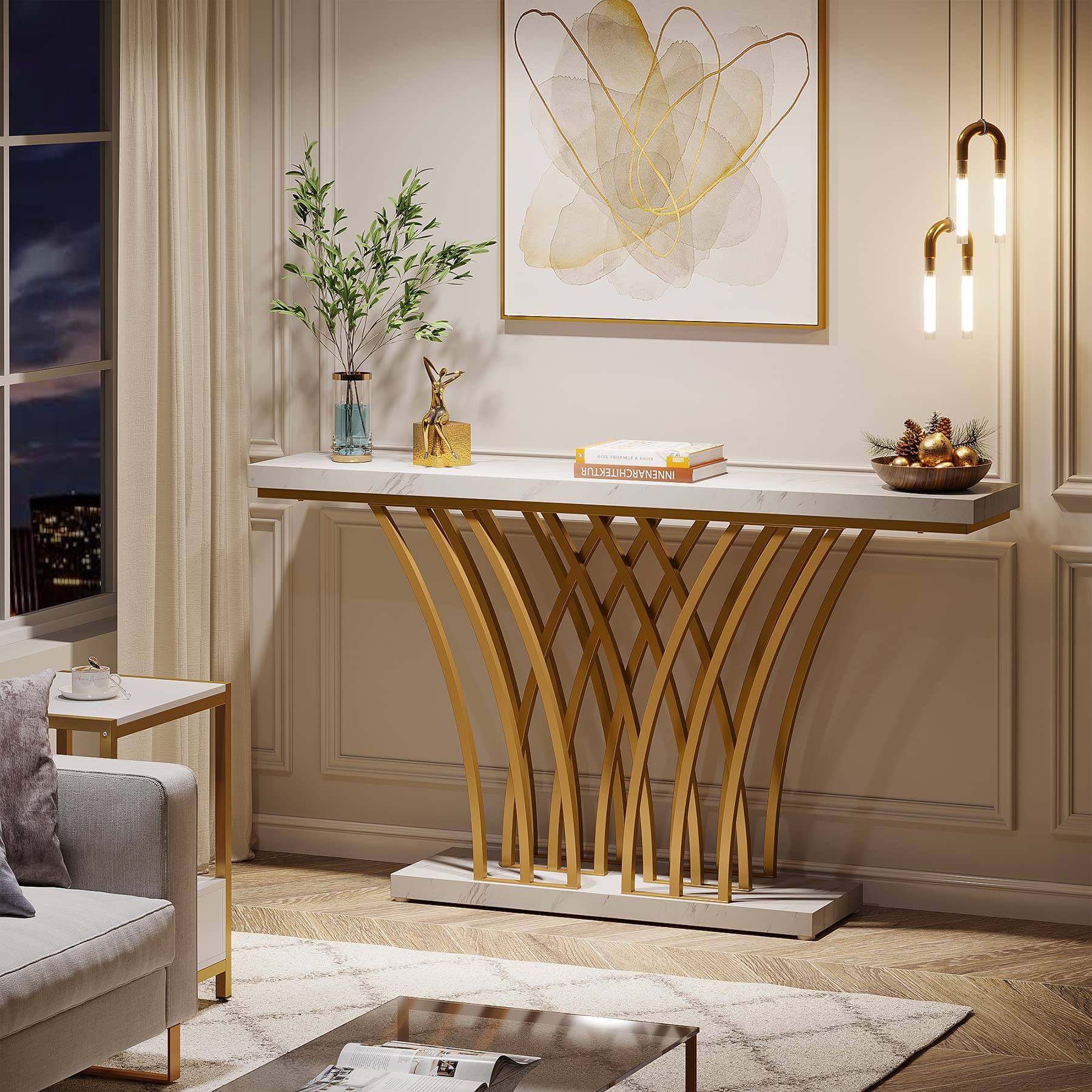 Left. Tribesigns - 59 inch Gold Console Table, Modern Entryway Table with Grid-Shaped Metal Base for Entrance, Hallway, Entryway, Living Ro - White Faux Marble.