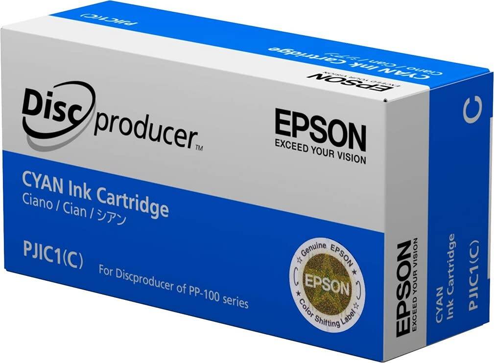 Sure, here is the corrected and grouped text from the image:

---

**Discproducer™**

**EPSON**  
EXCEED YOUR VISION

**CYAN Ink Cartridge**  
Ciano / Cian / シアン

**PJIC1(C)**  
For Discproducer of PP-100 series

**Genuine EPSON**  
Color Shifting Label

**EPSON**  
EXCEED YOUR VISION

**CYAN Ink Cartridge**  
PJIC1(C)

---

This text is organized to reflect the information on the packaging accurately.