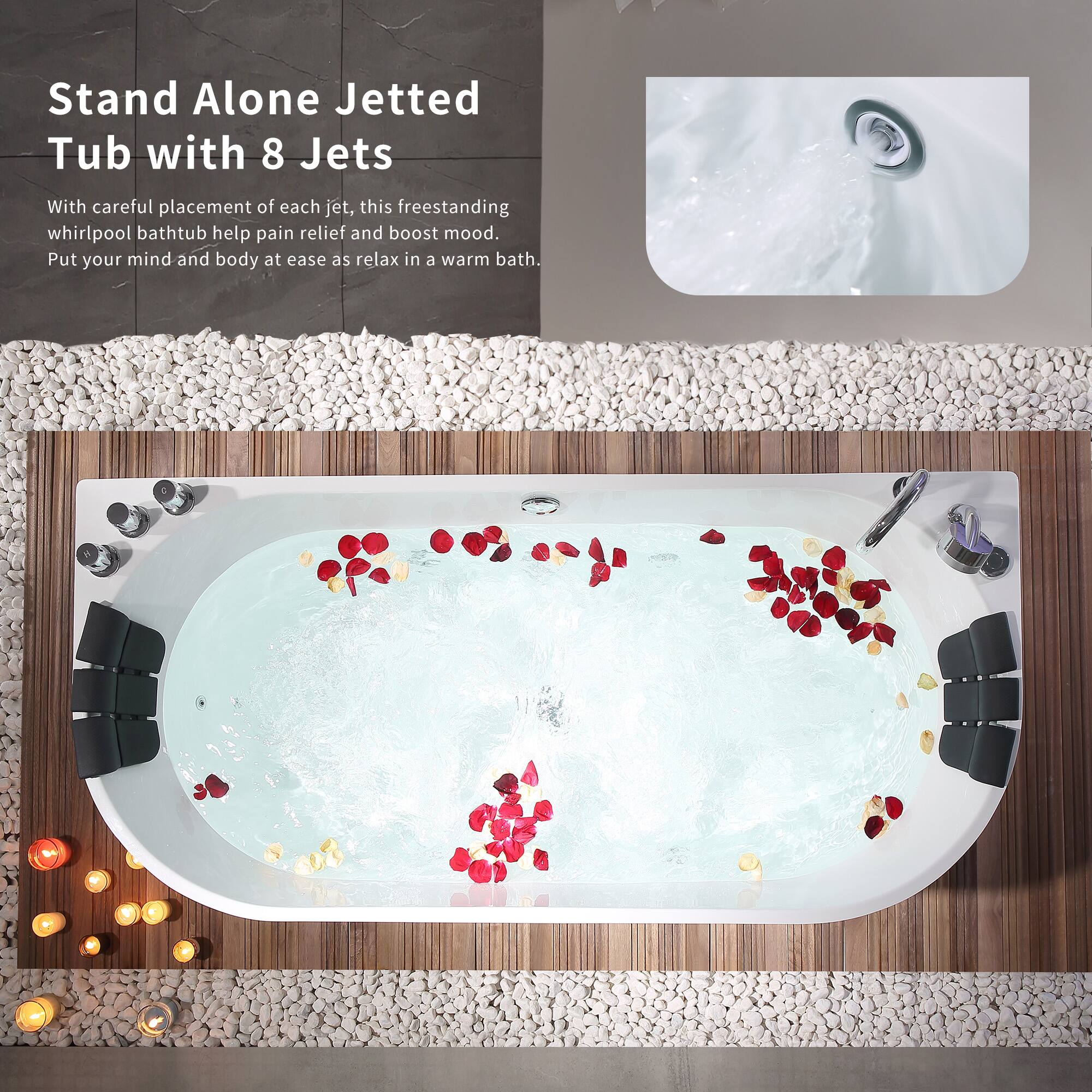 Stand Alone Jetted Tub with 8 Jets

With careful placement of each jet, this freestanding whirlpool bathtub helps with pain relief and boosts mood. Put your mind and body at ease as you relax in a warm bath.