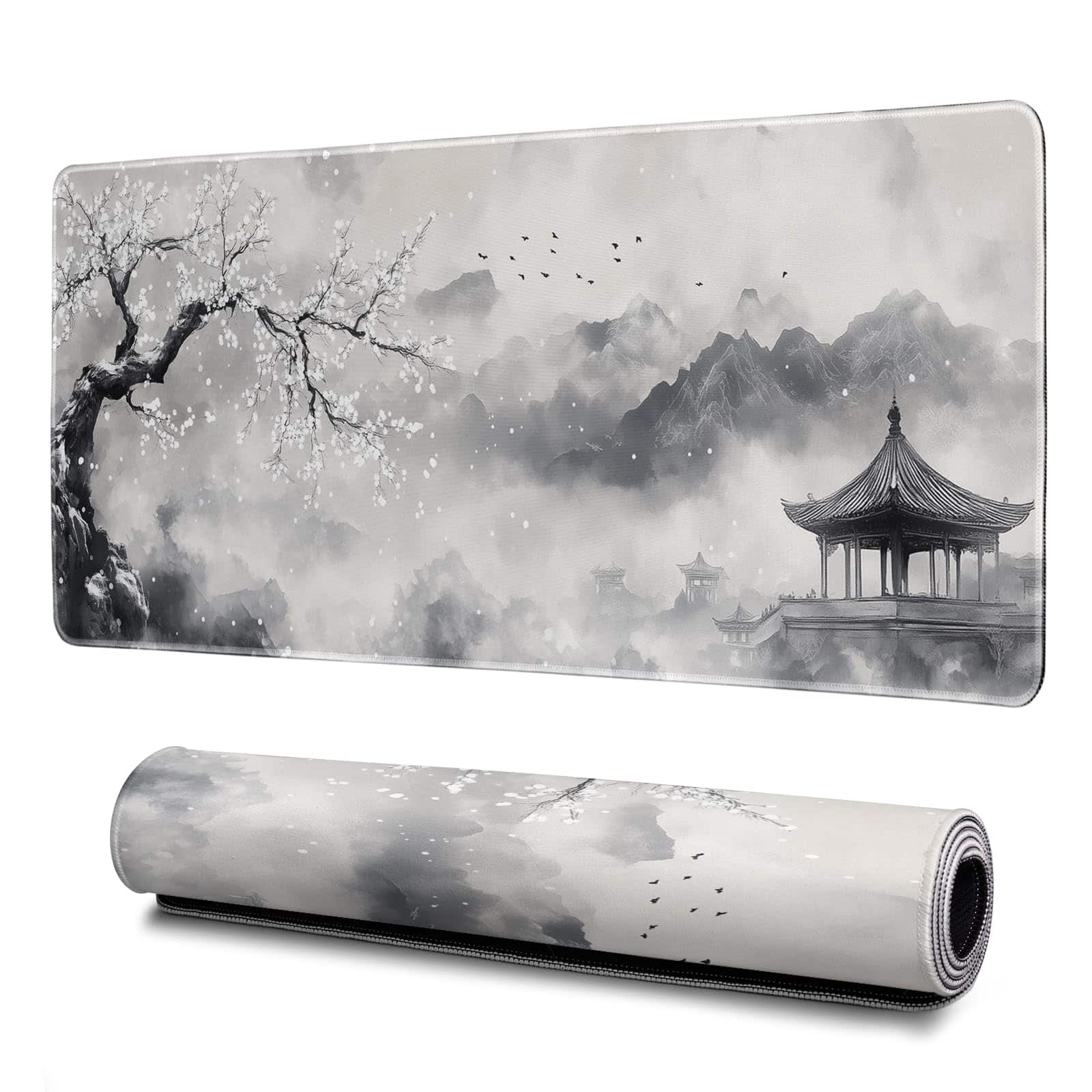 Earthley Blooms - Gaming Mouse Pad Abstract Black 31.. Sea Wave Texture Non-slip Rubber Base Large Mousepad Stitched Edges Mat - Cherry Blossom Watercolor