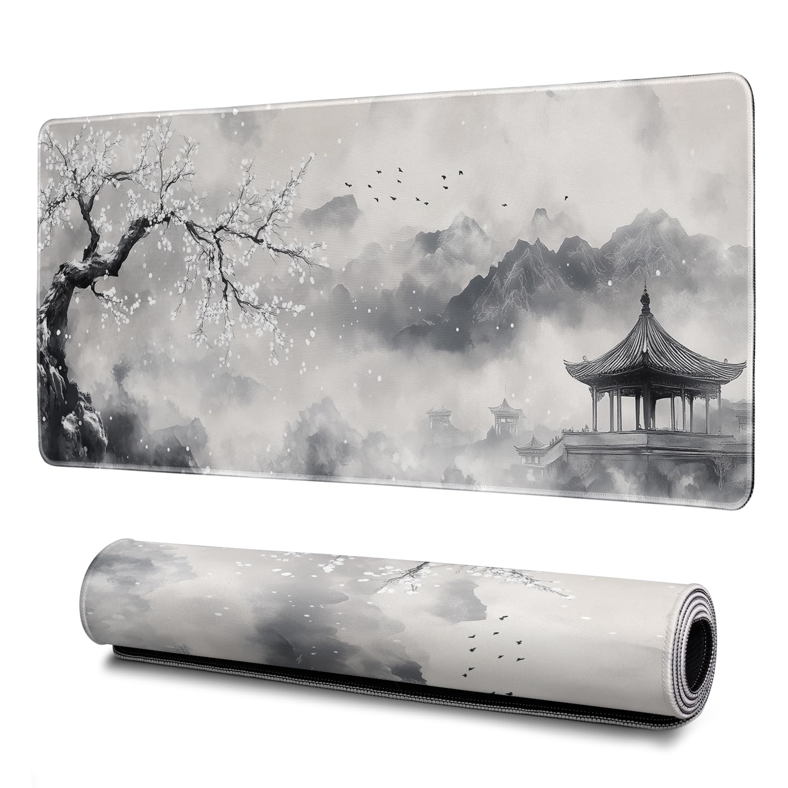Earthley Blooms - Gaming Mouse Pad Abstract Black 31.. Sea Wave Texture Non-slip Rubber Base Large Mousepad Stitched Edges Mat - Cherry Blossom Watercolor
