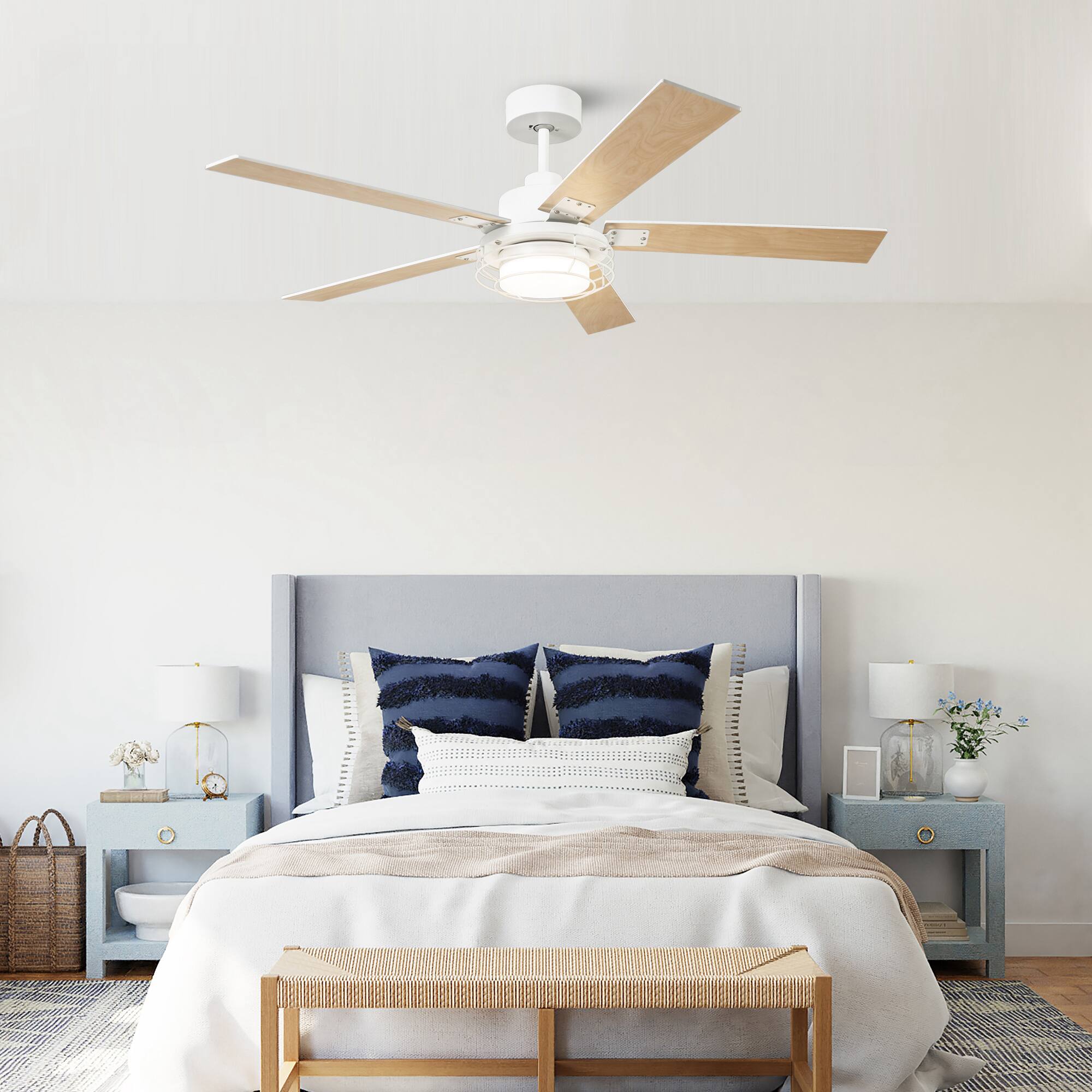 Angle. Parrot Uncle - 52" Industrial White Metal Caged Ceiling Fan with Light and Remote - White.