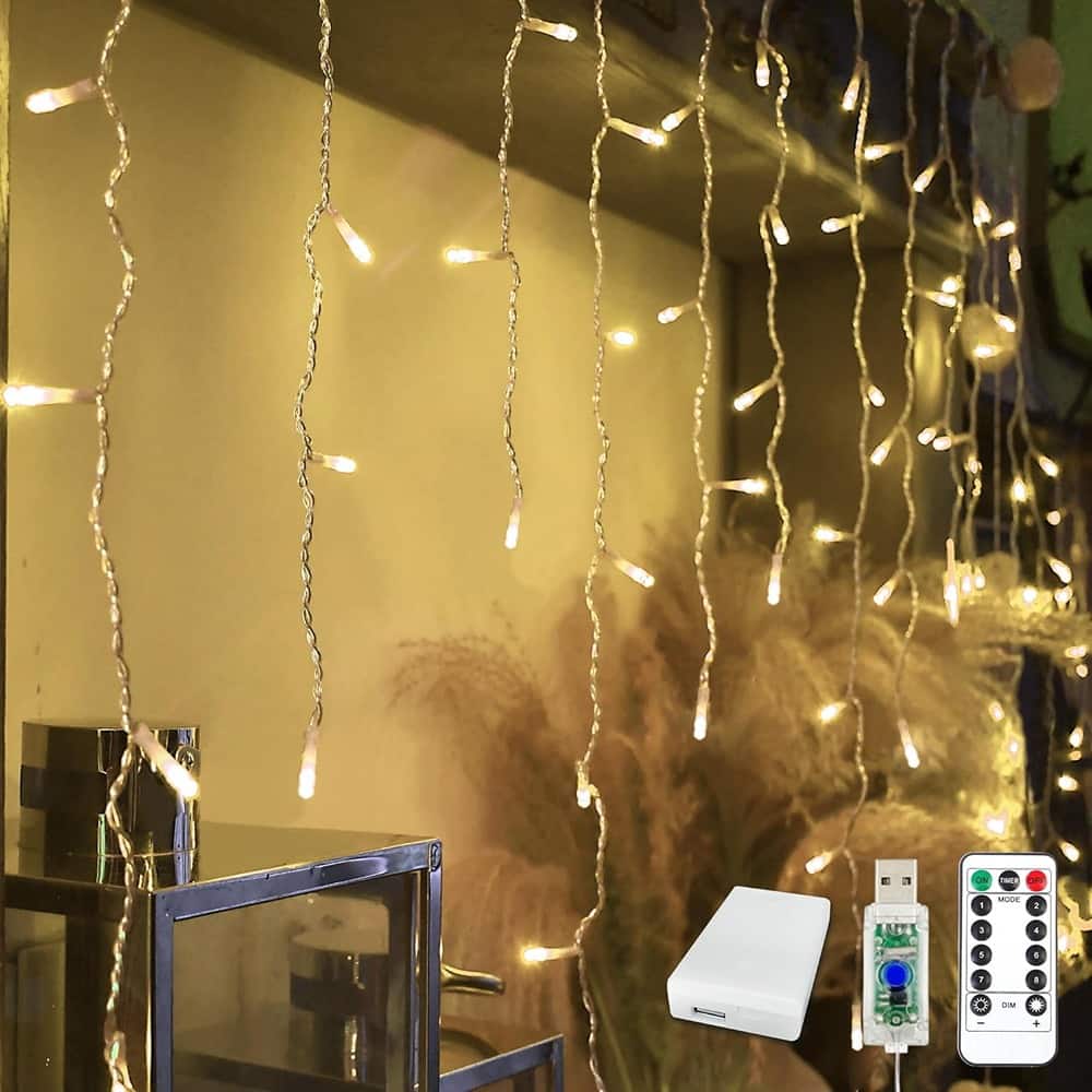 MOSZAR LLC - 13 ft LED Icicle Fairy Lights, 96 LEDs, 18 Drops, USB/Battery Powered