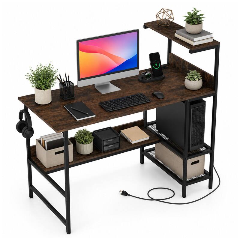 Alt View 4. WELLFOR - 48" Computer Desk with Power Outlets and Storage Shelves, Reversible Home Office Desk Gaming Desk - Rustic Brown.