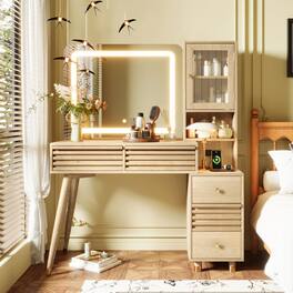 Loheer - Makeup Vanity Desk with Mirror and Lights, Finish, Five Drawers - Natural