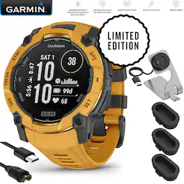 Garmin - Instinct 3 Solar GPS Smartwatch 50 mm Fiber-reinforced Polymer + Charging Dock & Extra Cable Bundle - Sunburst with Sunburst/Gray Band - (2026)
