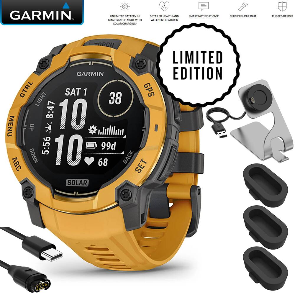 GARMIN - S UNLIMITED BATTERY IN SMARTWATCH MODE WITH SOLAR CHARGING DETAILED HEALTH AND WELLNESS FEATURES SMART NOTIFICATIONS BUILT-IN FLASHLIGHT RUGGED DESIGN LIMITED EDITION GARMIN EDITION CTRL SAT 1 38 GPS LIGHT 8:47 10 MENU UP 5:56 10 99d ABC DOWN 68 BACK SET SOLAR