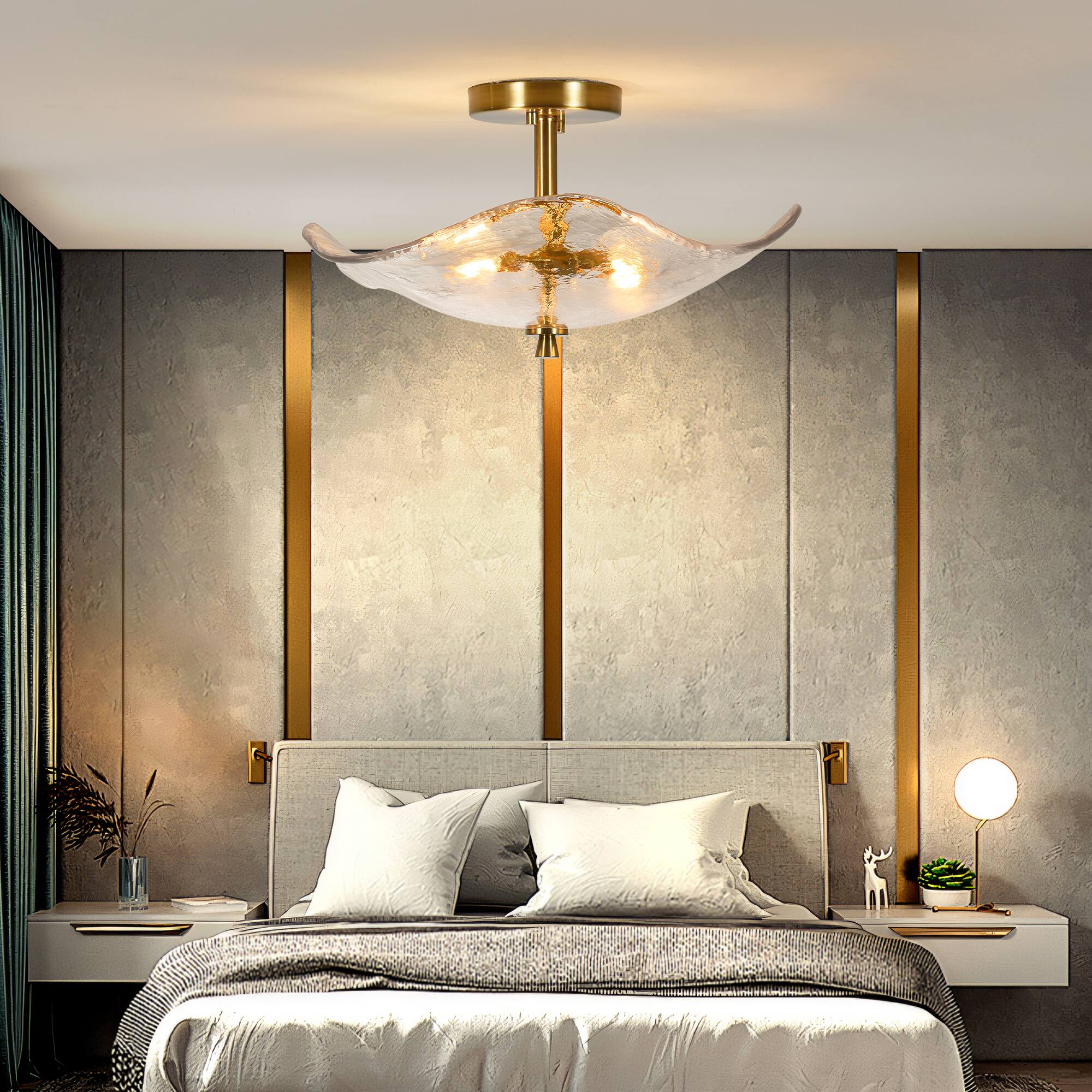 Left. APRILSOUL - 16.5 Inch Glass Semi Flush Mount Ceiling Light Fixture 2-Lights Close to Ceiling Light Modern Gold Ceiling Light Fixture.